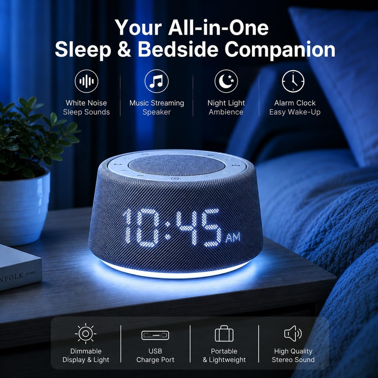 White Noise Alarm Clock for Bedroom, Bluetooth Speaker with Sleep Sounds & Ambient Night Light, Digital Bedside Clock for Adults & Heavy…