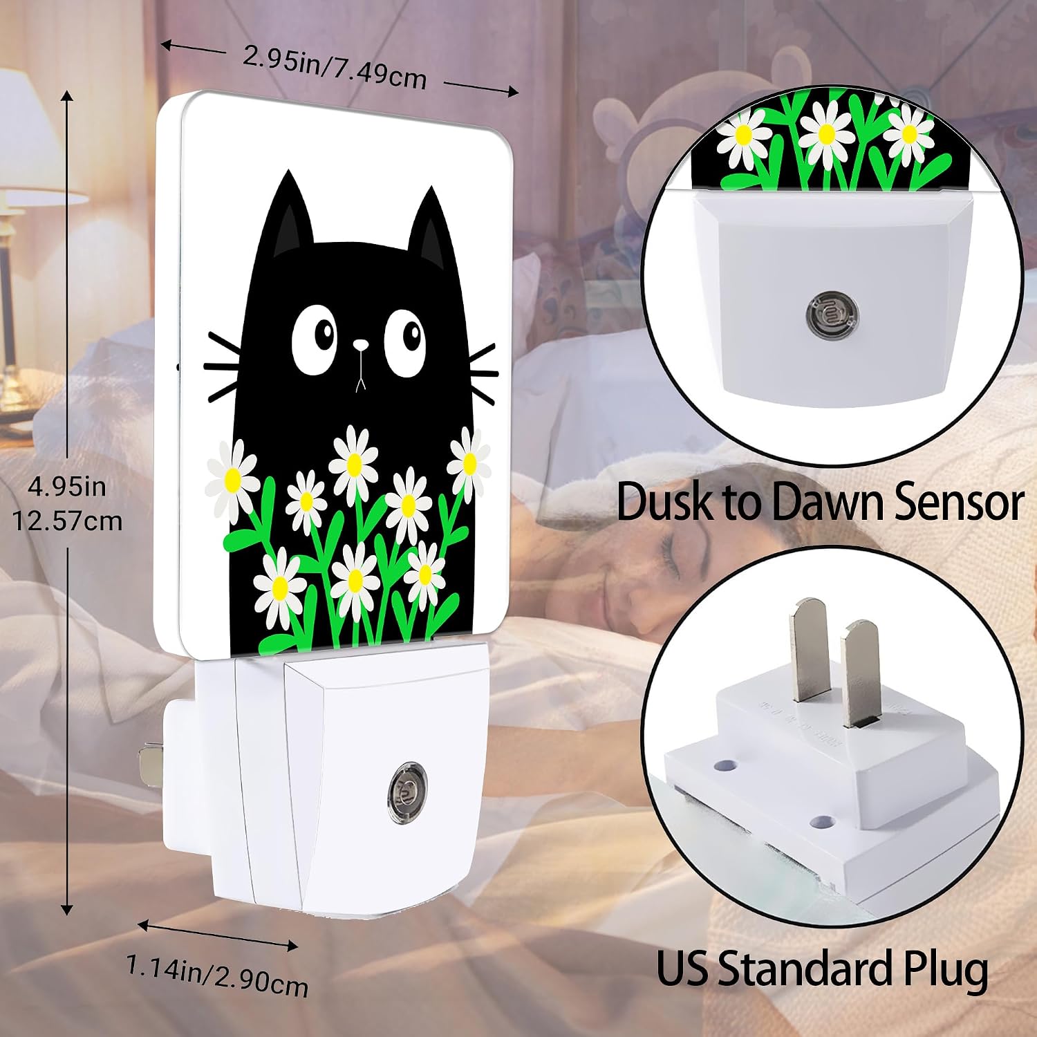 Cat Kitten Daisy Night Light, Camomile Bouquet Plug into Wall with Dusk to Dawn Light Sensors, Warm Nightlights for Bedroom, Bathroom…