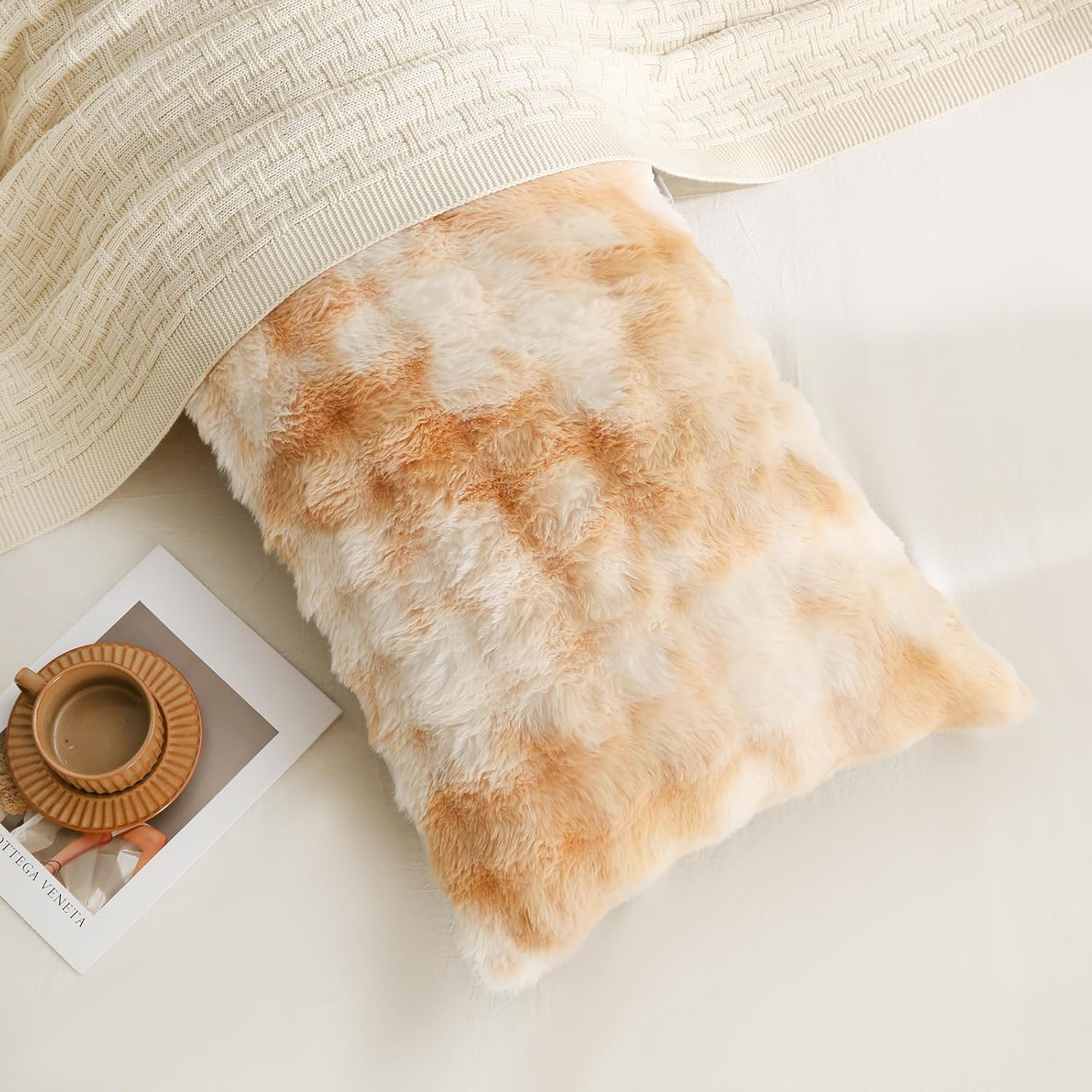 Chumerry Beige Fuzzy Pillow Case Faux Fur Pillow Cover Chic Plaid Check Texture Extra Soft Fluffy Plush Shaggy Fabric Tie Dye Decorative Pi…
