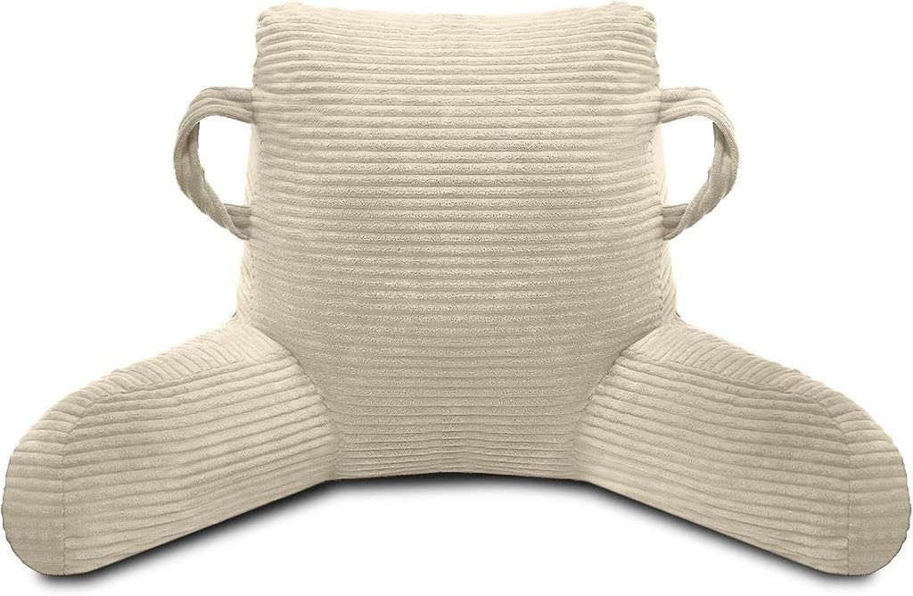 Reading Pillow for Sitting in Bed Adult, Bed Reading Pillow with Shredded Memory Foam, Back Pillow for Sitting with Arms and Pockets, Beige