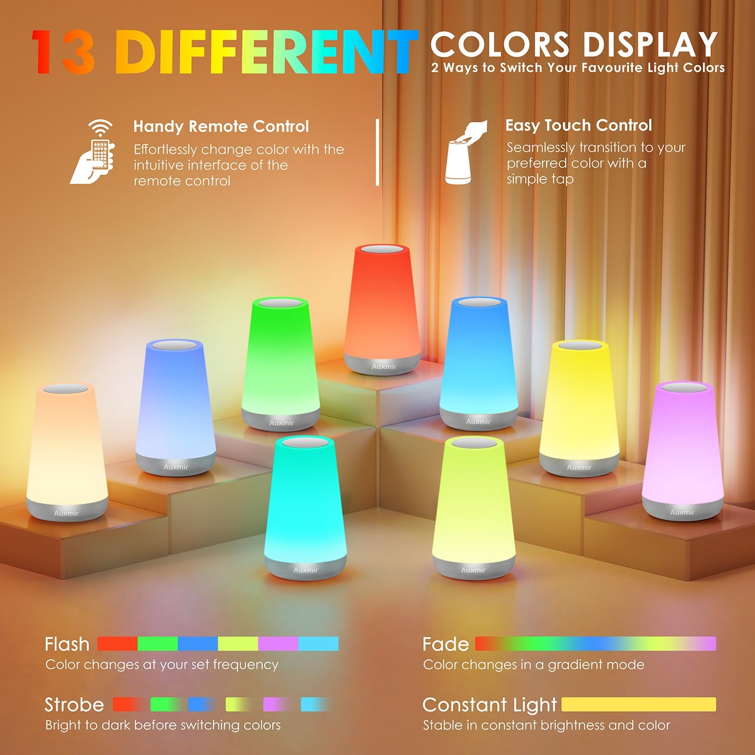 Auxmir Rechargeable LED Night Light, Touch & Remote Control Bedside Lamp with 13 Colors, 5 Brightness Levels, Portable Table Lamp for…