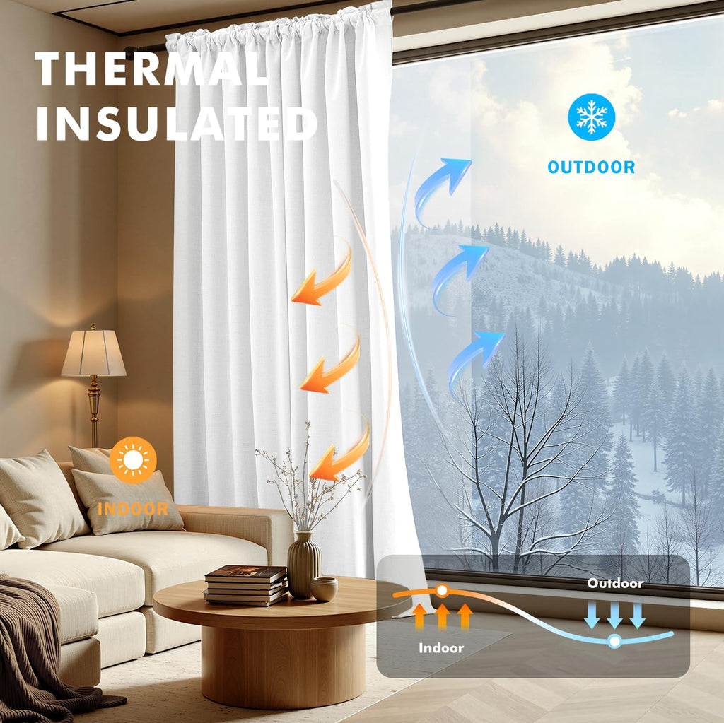 Miulee 100% Blackout Linen Curtains for Bedroom, Bright White Solid Luxury Decor Thermal Insulation Room Darkening Drapes for Living Room N…