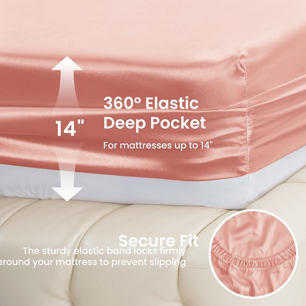 Lovescabin Love's cabin California King Satin Sheet Sets - 4 Piece Coral Silky Sheets Bed Set with Deep Pocket, Luxury Silk Feel Satin Cal…