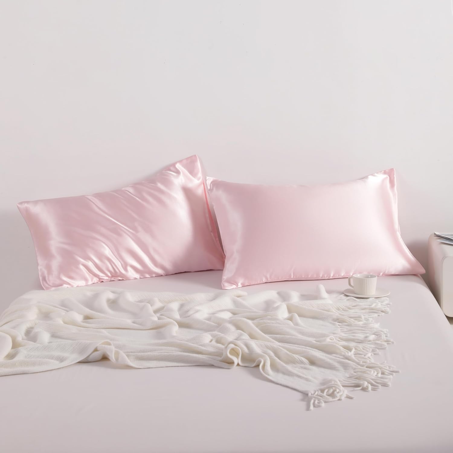 Ntbay 2 Pack Satin Standard Pillowcases for Hair and Skin, Luxurious and Silky Pillow Cases with Envelope Closure, 20x26 Inches, Light Pink…