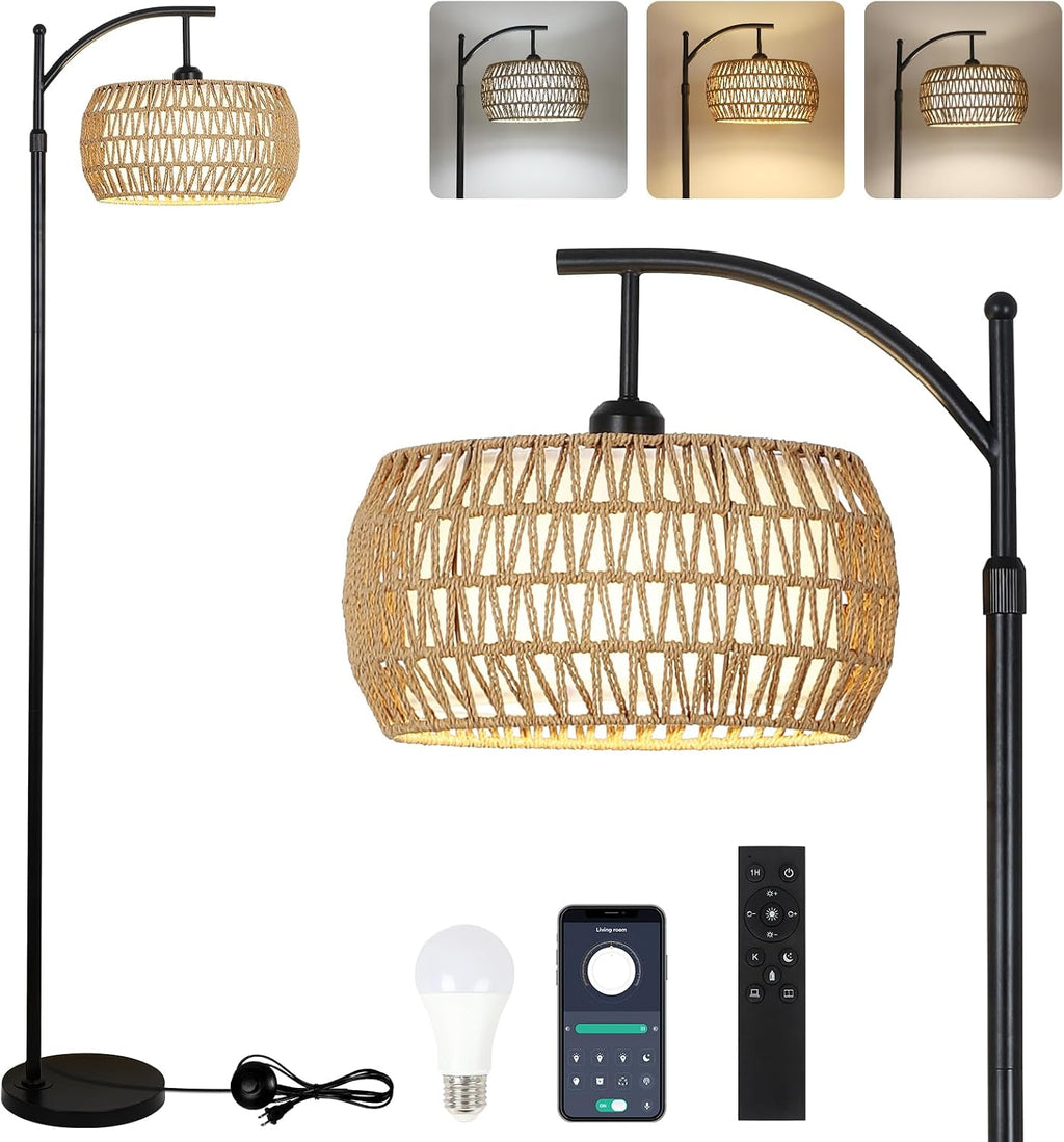 Arc Floor Lamp with Remote Control, Dimmable LED Floor Lamp with 3 Color Temperature, Black Standing Lamp with Rattan & Fabric Double…