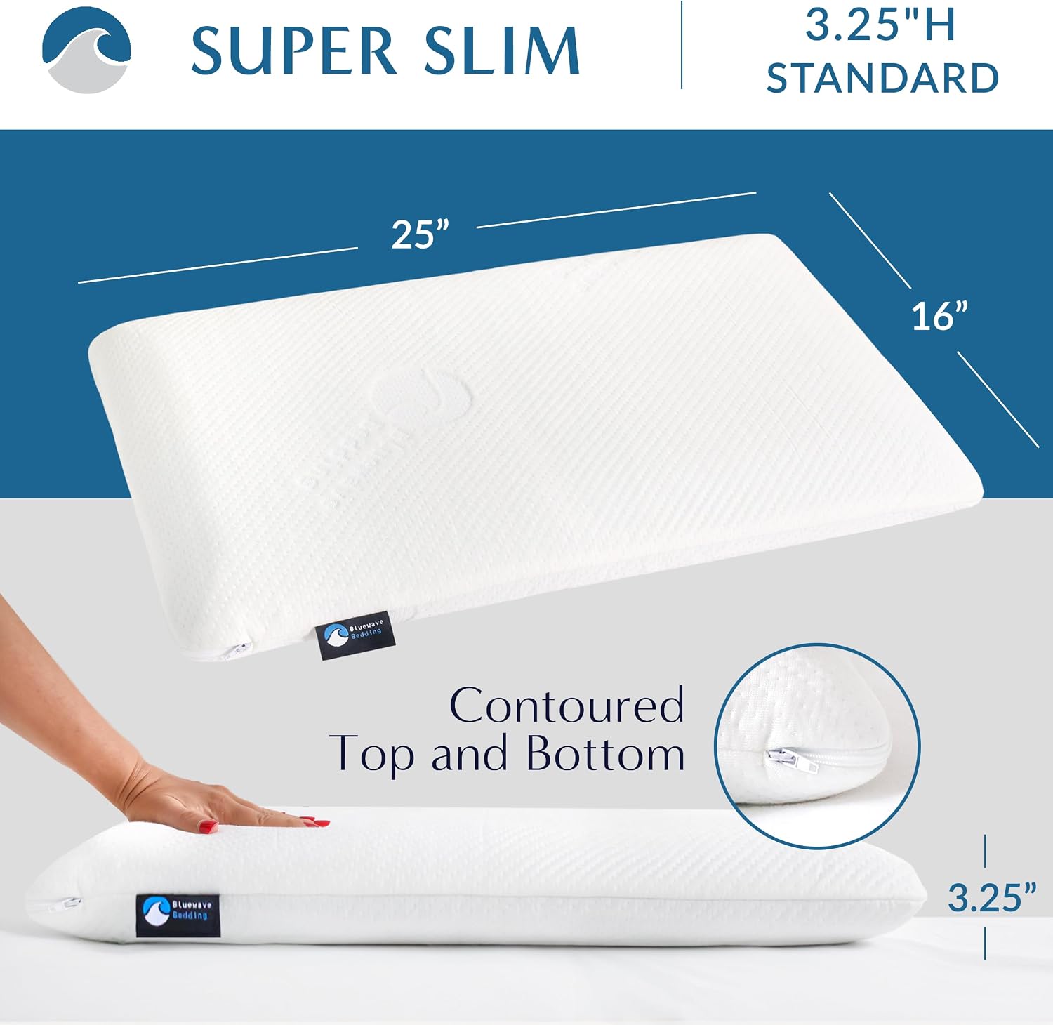 BluewaveBedding Bluewave Bedding Super Gel Memory Foam Pillow for Stomach and Back Sleepers - Thin, Flat Design for Cervical Neck Alig…