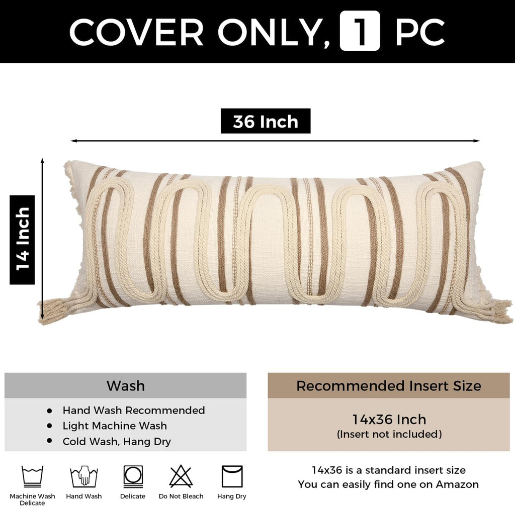 Aibuhome Beige Boho Body Pillow Cover 14x36 Inches, Handwoven Cotton Linen Lumbar Pillow Cover with Tassels, Farmhouse Decorative Cushion C…