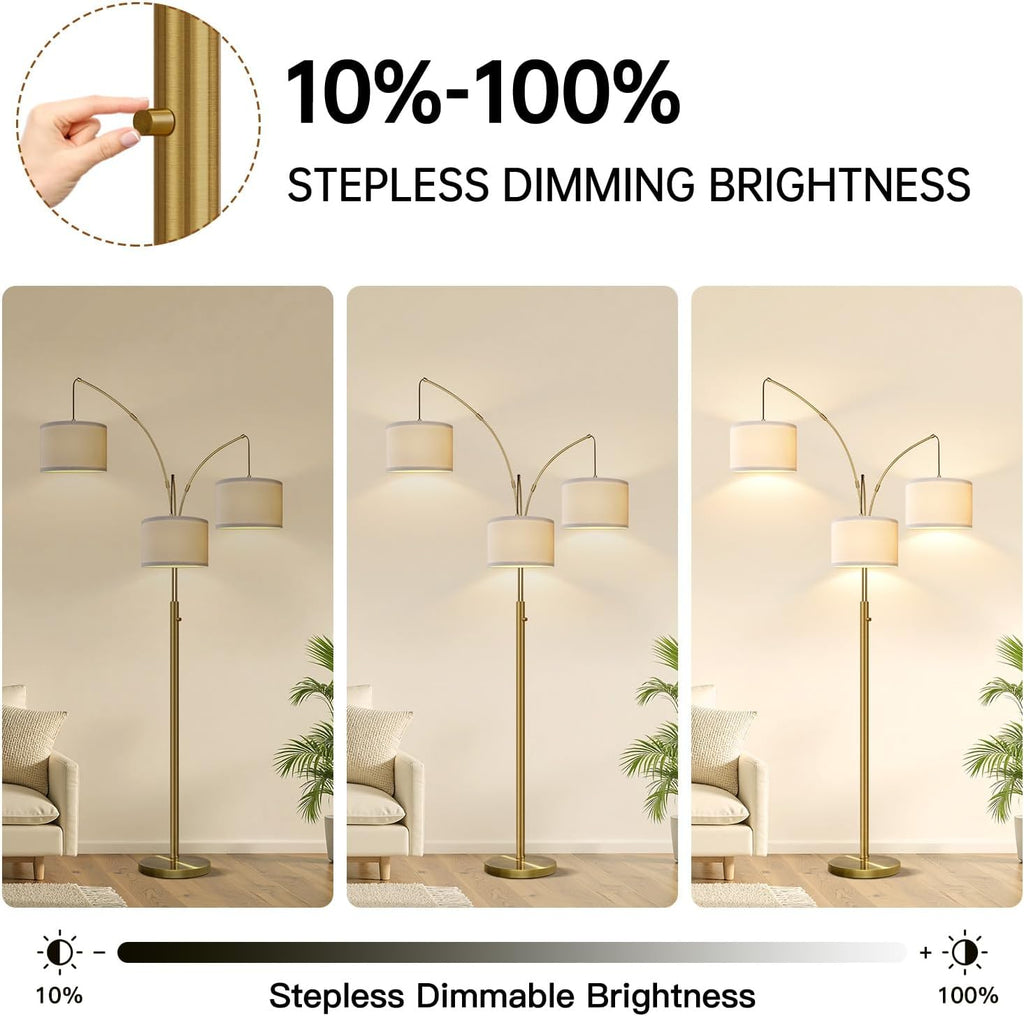 Dimmable Floor Lamp, 3 Light Brass Arc Floor Lamp, Modern Tall Standing Tree Lamp with White Linen Shades & Heavy Base, 3000LM LED Bulbs…