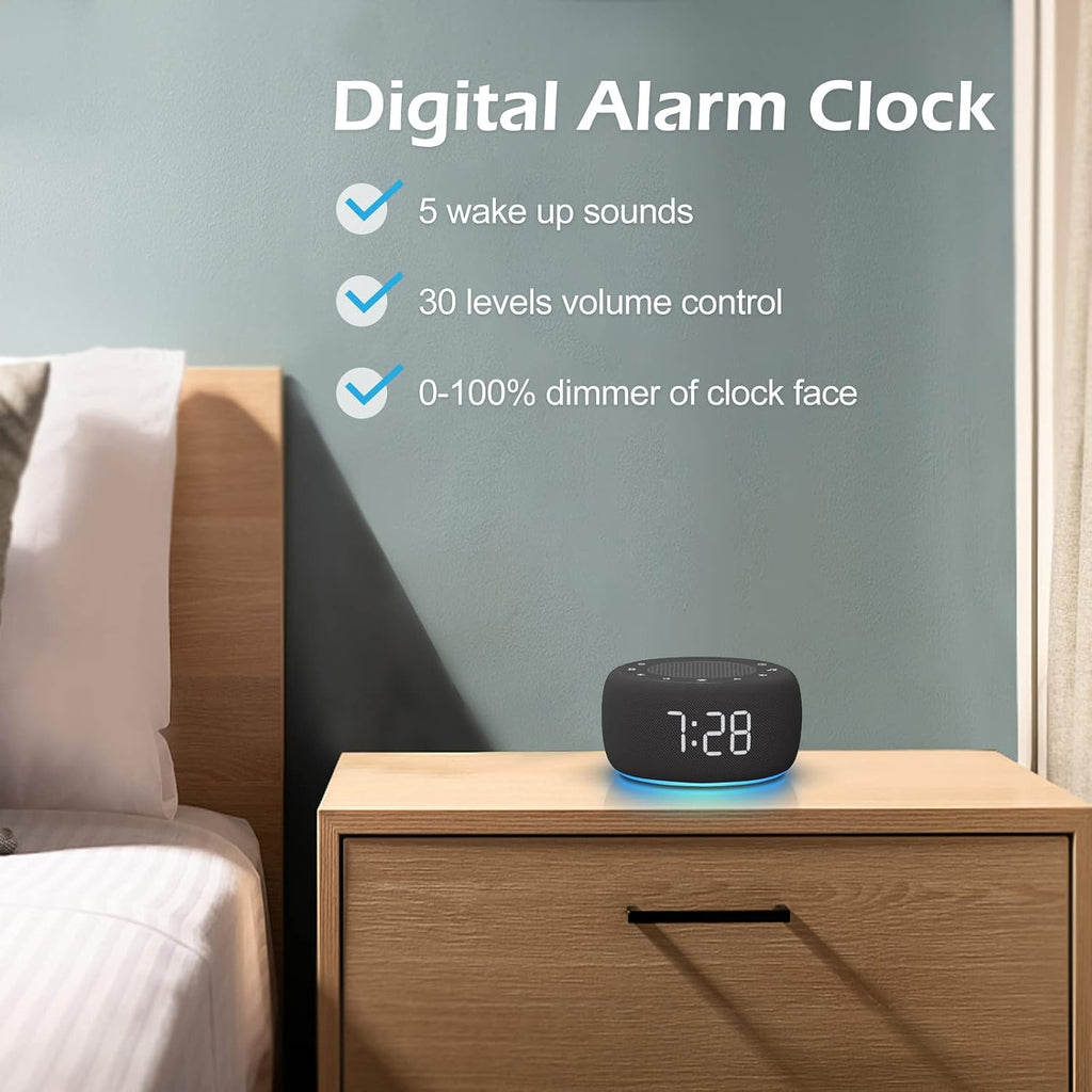 Buffbee Sound Machine & Alarm Clock 2-in-1, 0-100% Clock Face Brightness, Bottom Colored Light, Sleep Timer, Precise 30-Level Volume…