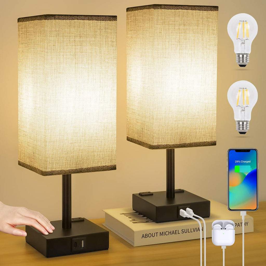 Bedside Table Lamps Set of 2 - Touch Nightstand Lamp for Bedroom with USB C+A Charging Ports & AC Outlets, 3-Way Dimmable Desk Lamp Grey…