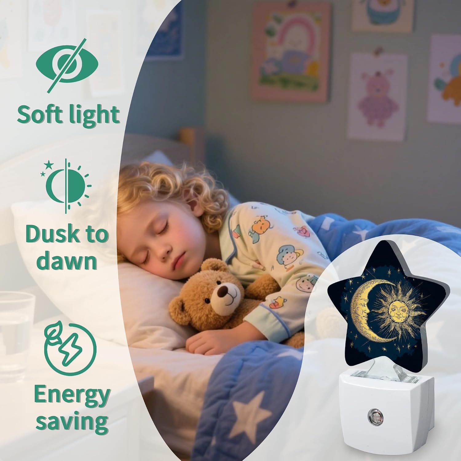 Boho Moon Sun Star Night Light Plug in, Soft Glow Night Light for Kids Bedroom Nursery, Gentle Warm Light for Sleep, Compact Lamp for…