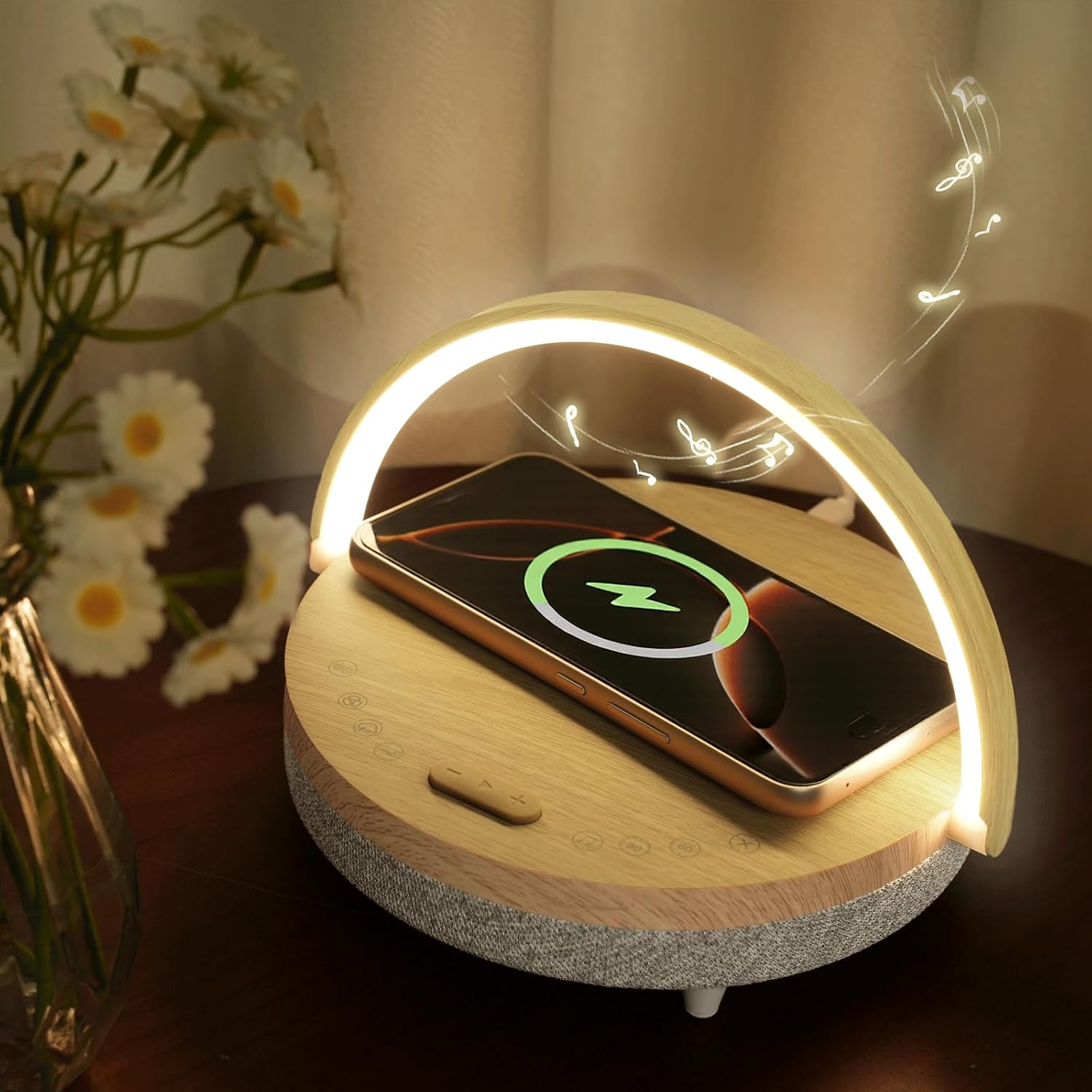 LightUpExquisiteLife Bedside Table LED Night Light with Wireless Charger and Bluetooth Speaker, Desk Lamp As White Noise Machine…