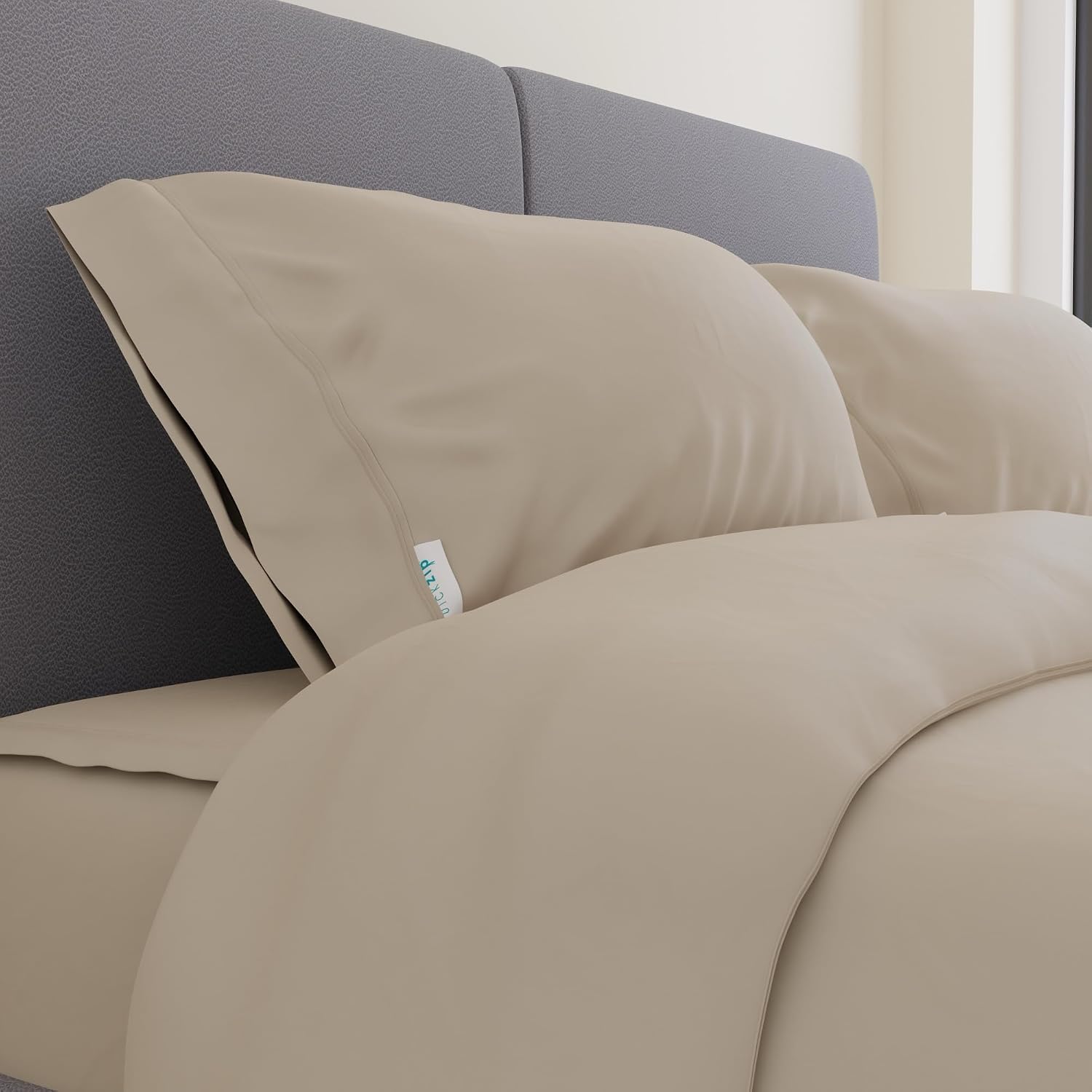 QuickZip Sateen Pillow Case Standard/Queen Size (20” X 32”) Pillowcases, Set of 2, 100% Cotton Pillow Covers with Envelope Closure, Sand