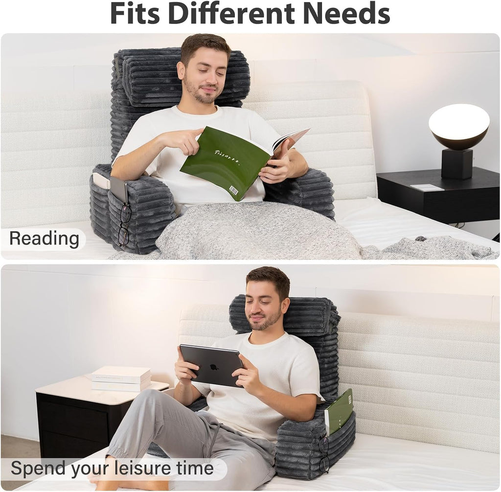 ENITYA Reading Pillow for Sitting in Bed Adult, 24in XXL Back Pillow for Bed Sitting up, Big Pockets & Built-in Arms, Back Support Chair…