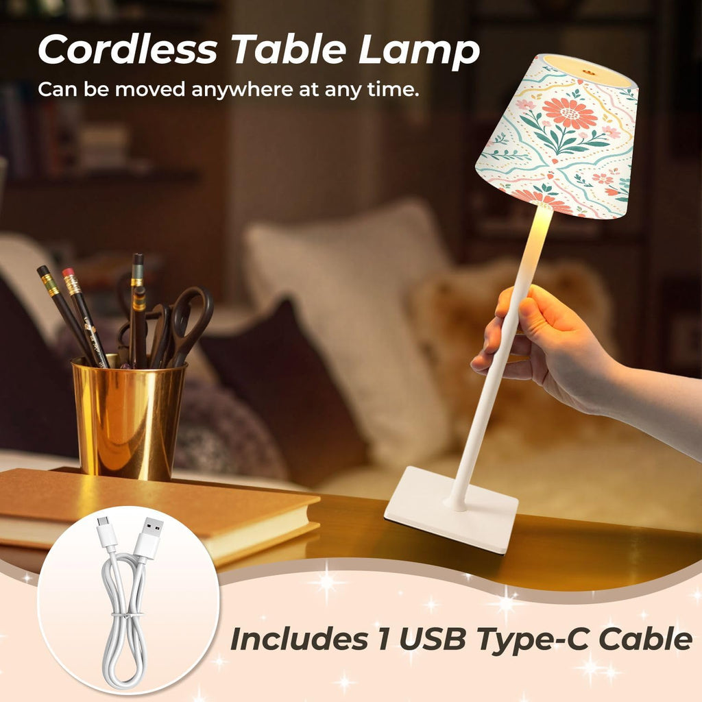 Cordless Mahjong Lamp Pastel Floral Damask Folk Art Flowers Geometric Tiles Small LED Lamp 3 Color Dimmable Rechargeable Lamps for Mah…