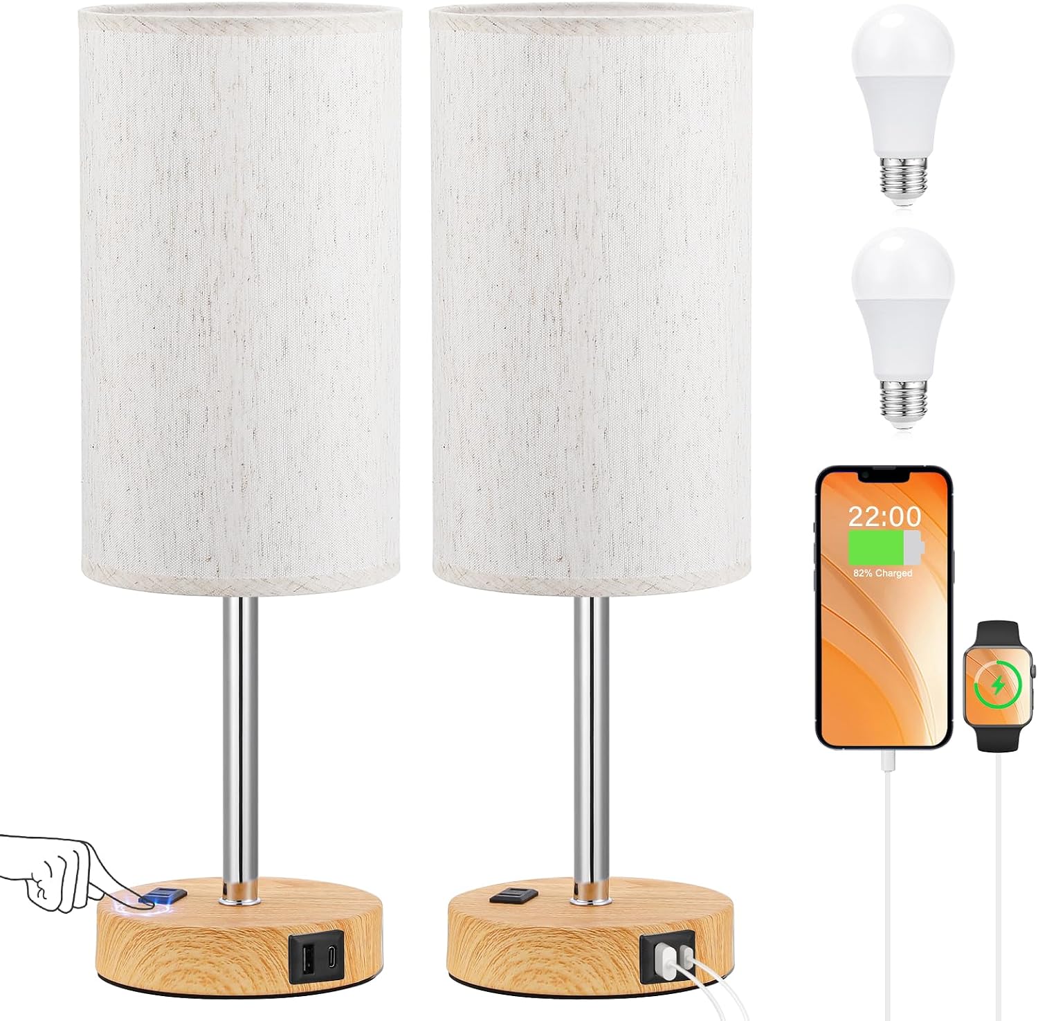 PartageiZ 17.4Inches Tall Touch Bedside Table Lamps Set - 3 Way Dimmable Bedroom Lamp with USB C Ports, Small Desk Lamps for Nightstand…