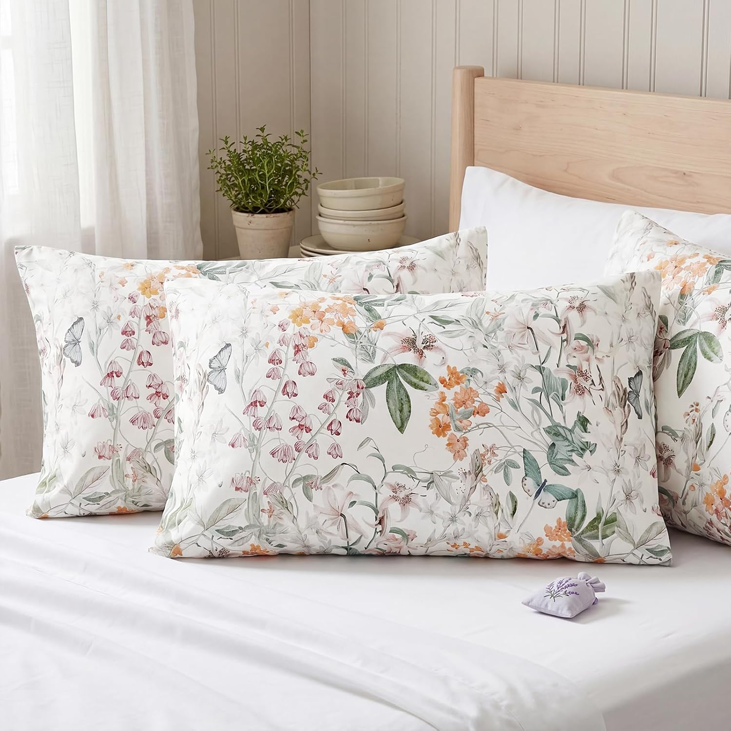 Bedorm Standard Size Pillow Cases Set 100% Cotton Pillow Covers 2 Pieces Yellow Flower Botanical Print Floral Pillow Case with Pocket Closu…