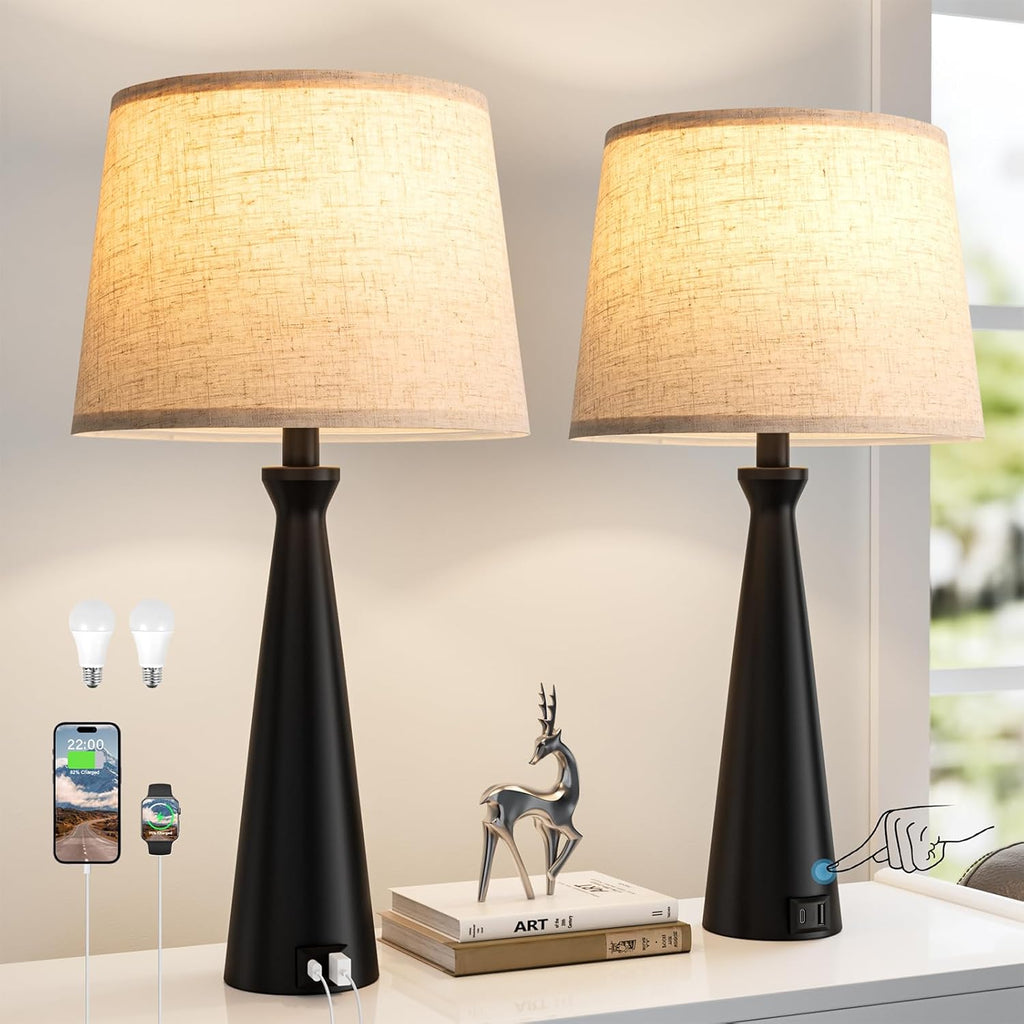 Seealle Modern Table Lamps Set of 2 - Touch Bedside Lamp for Nightstand with Dual USB C+A,3-Way Dimmable Nightstand Lamps for Living Room…