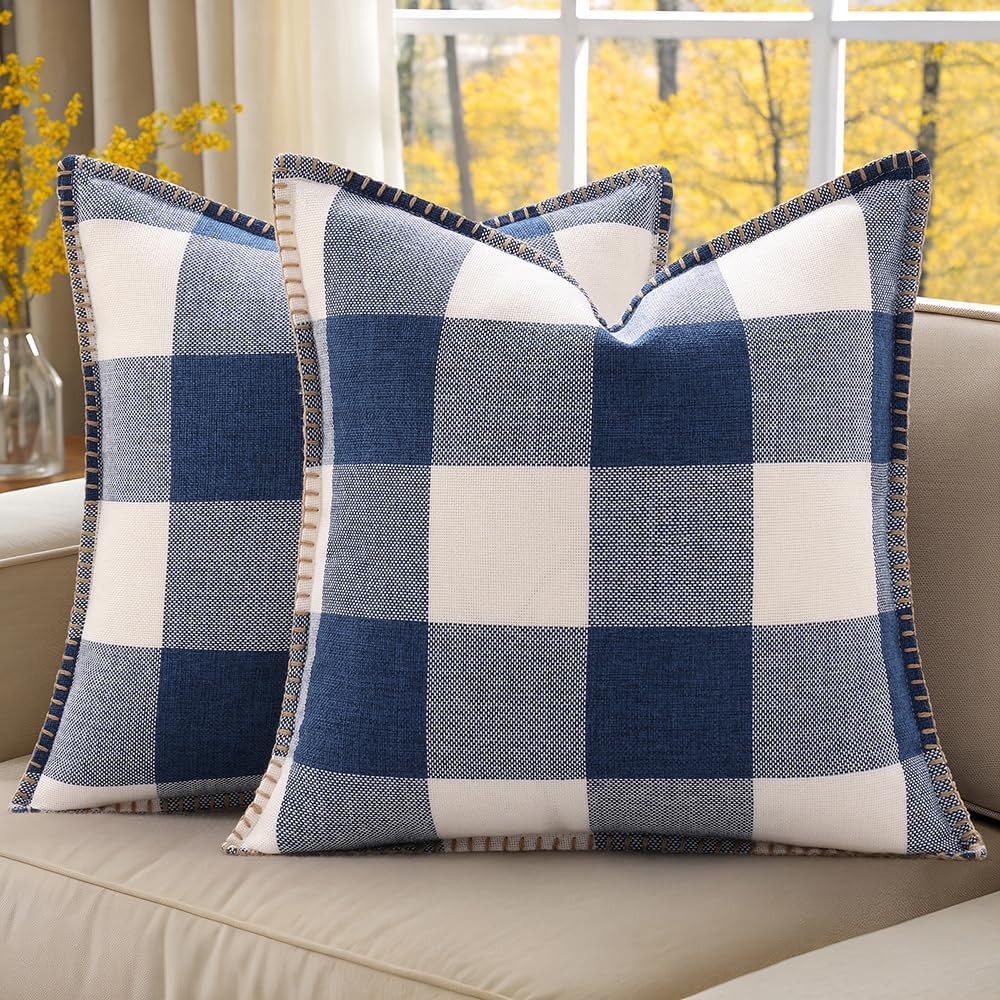 decorUhome Summer Buffalo Plaid Check Throw Pillow Covers 16x16 Set of 2 Outdoor Linen Decorative Farmhouse Gingham Pillow Covers with Stit…
