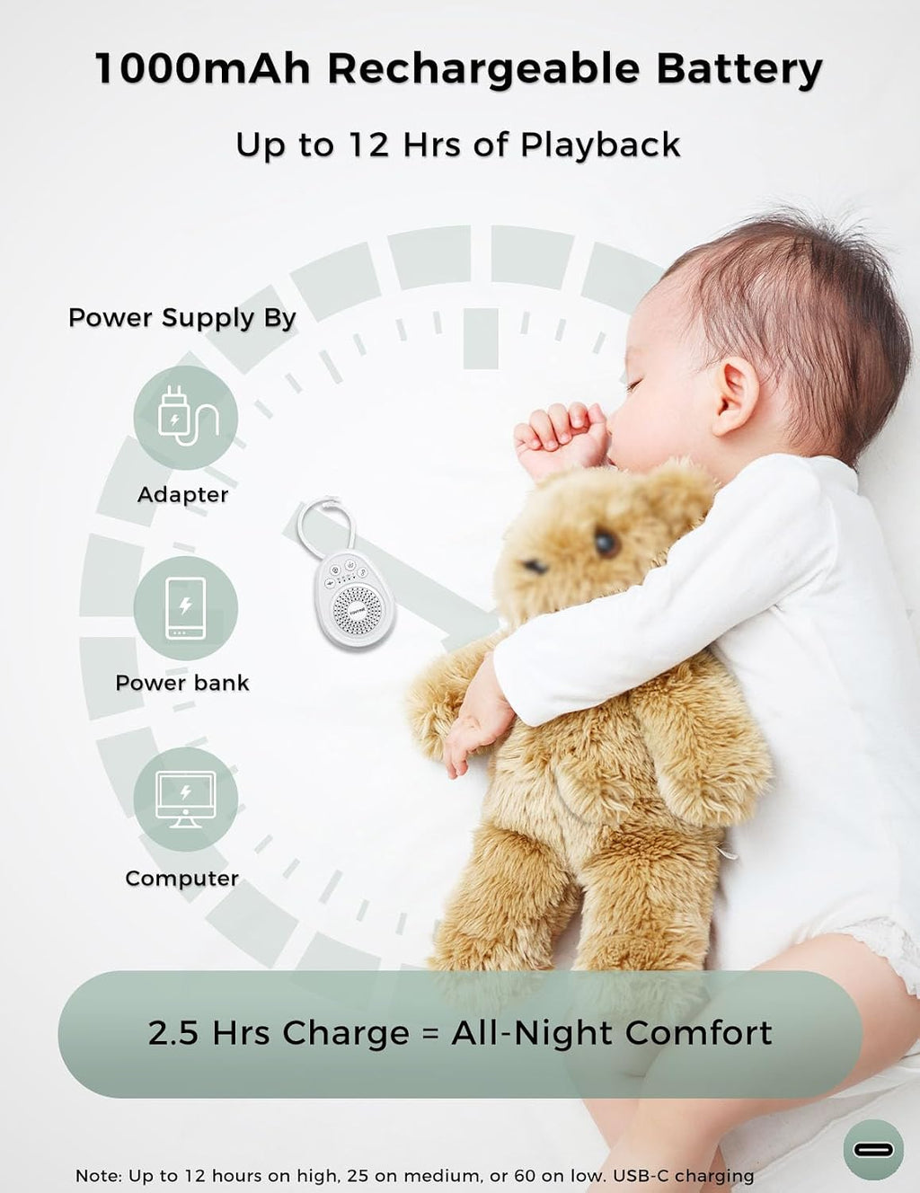 FOXFINE Portable Sound Machine, Travel White Noise Machine with 30 Soothing Sounds, Timer & Memory for Sleeping, Baby, Adults, White
