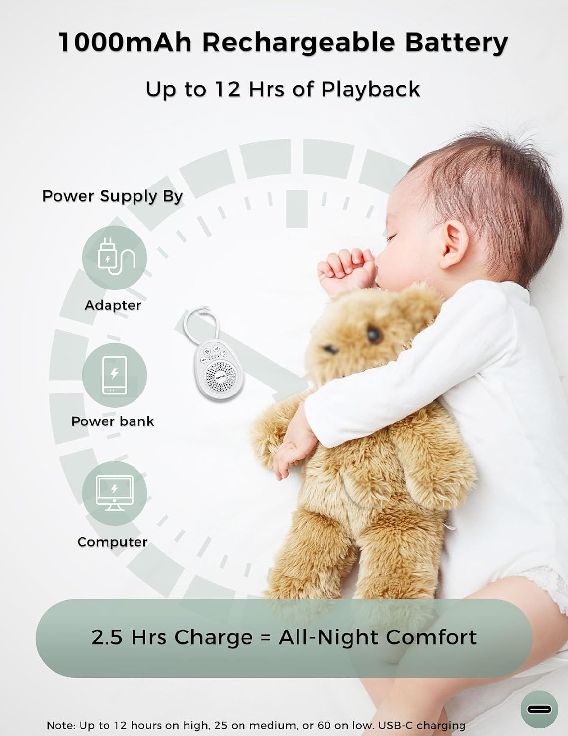 FOXFINE Portable Sound Machine, Travel White Noise Machine with 30 Soothing Sounds, Timer & Memory for Sleeping, Baby, Adults, White