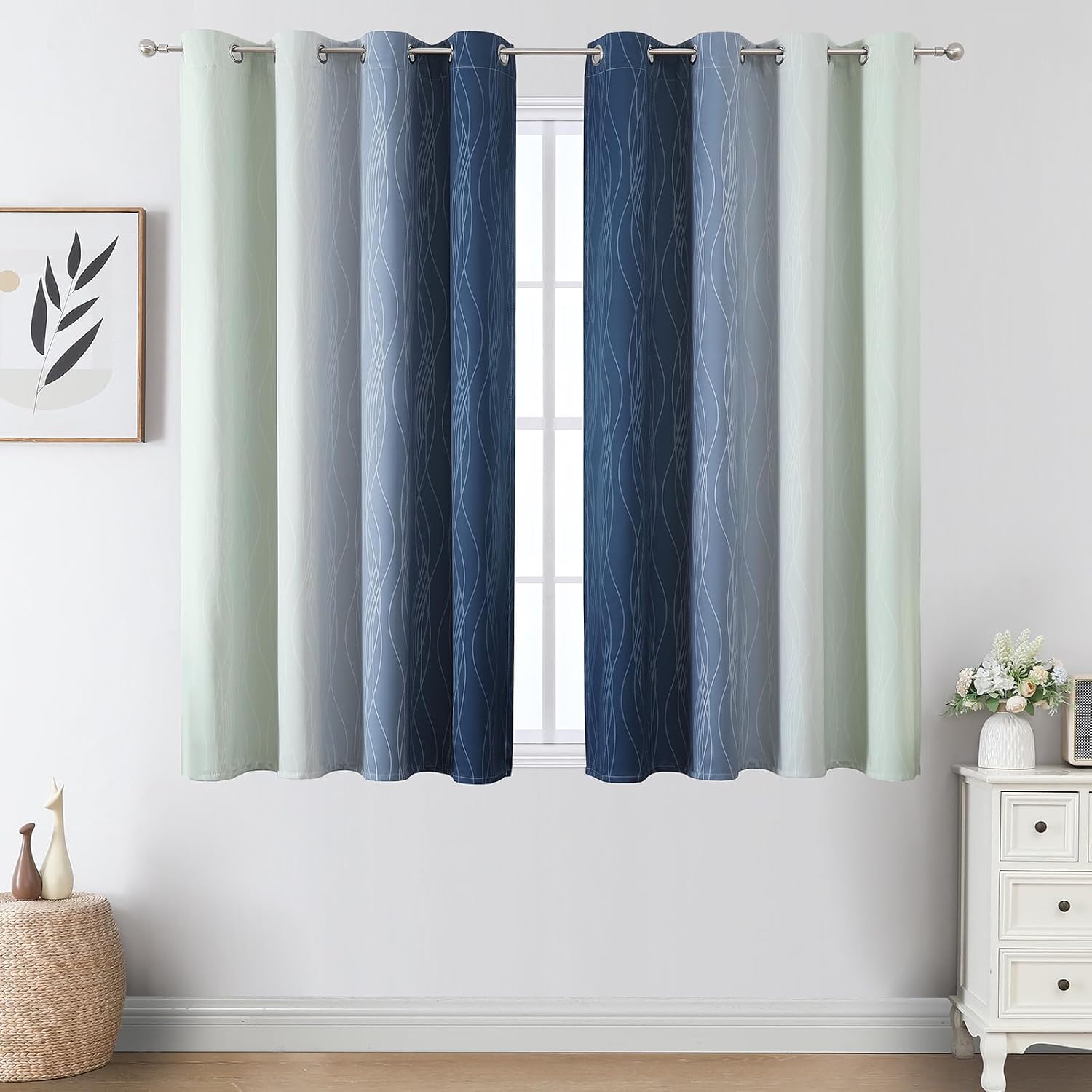 Estelartextiler Estelar Textiler Sage Green and Navy Blue Ombre Blackout Curtains 45 Inch Length, Full Room Darkening Gradient Drapes for K…