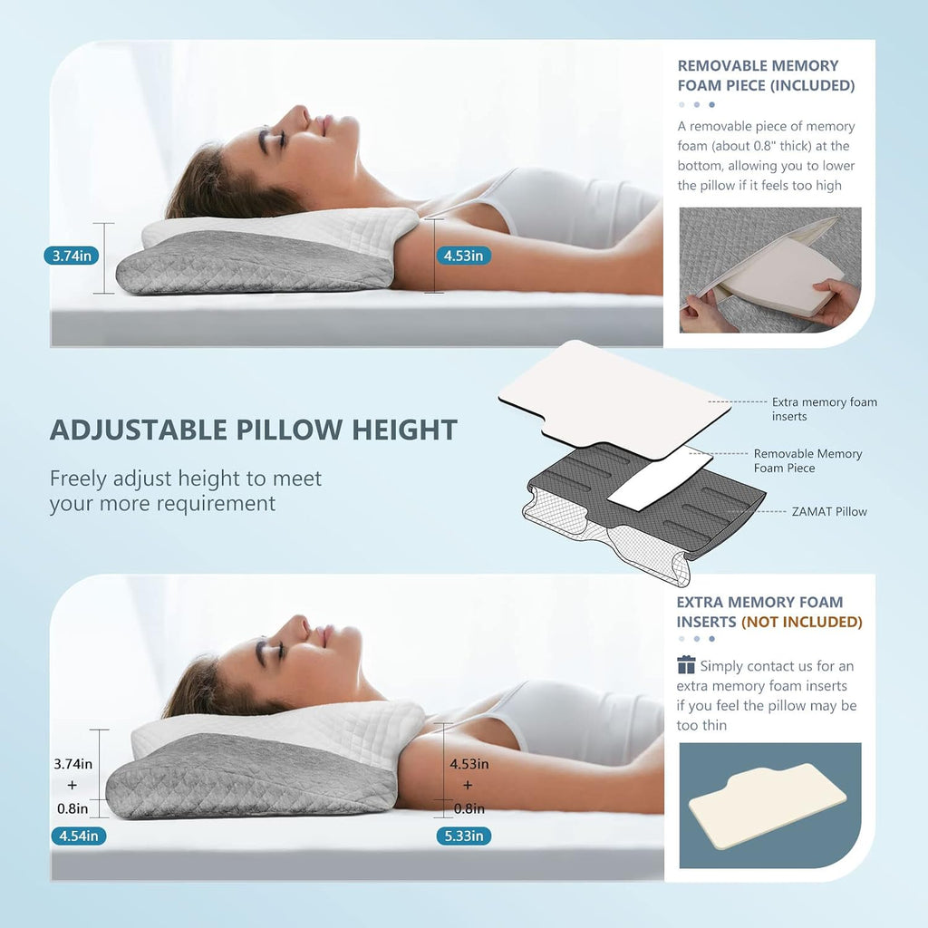 Zamat Adjustable Cervical Memory Foam Pillow, Odorless Neck Pillows for, Orthopedic Pillows for Sleeping with Cooling Pillowcase, Ergonomi…
