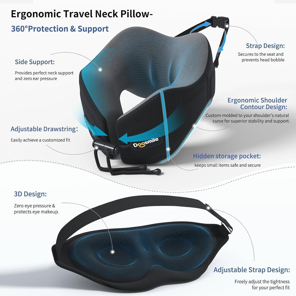 Doosmile Patented Head-Bobble-preventing Ergonomic 360° Supporting Golden Formula Memory Foam Travel Neck Pillow w/3D Contoured Eye…