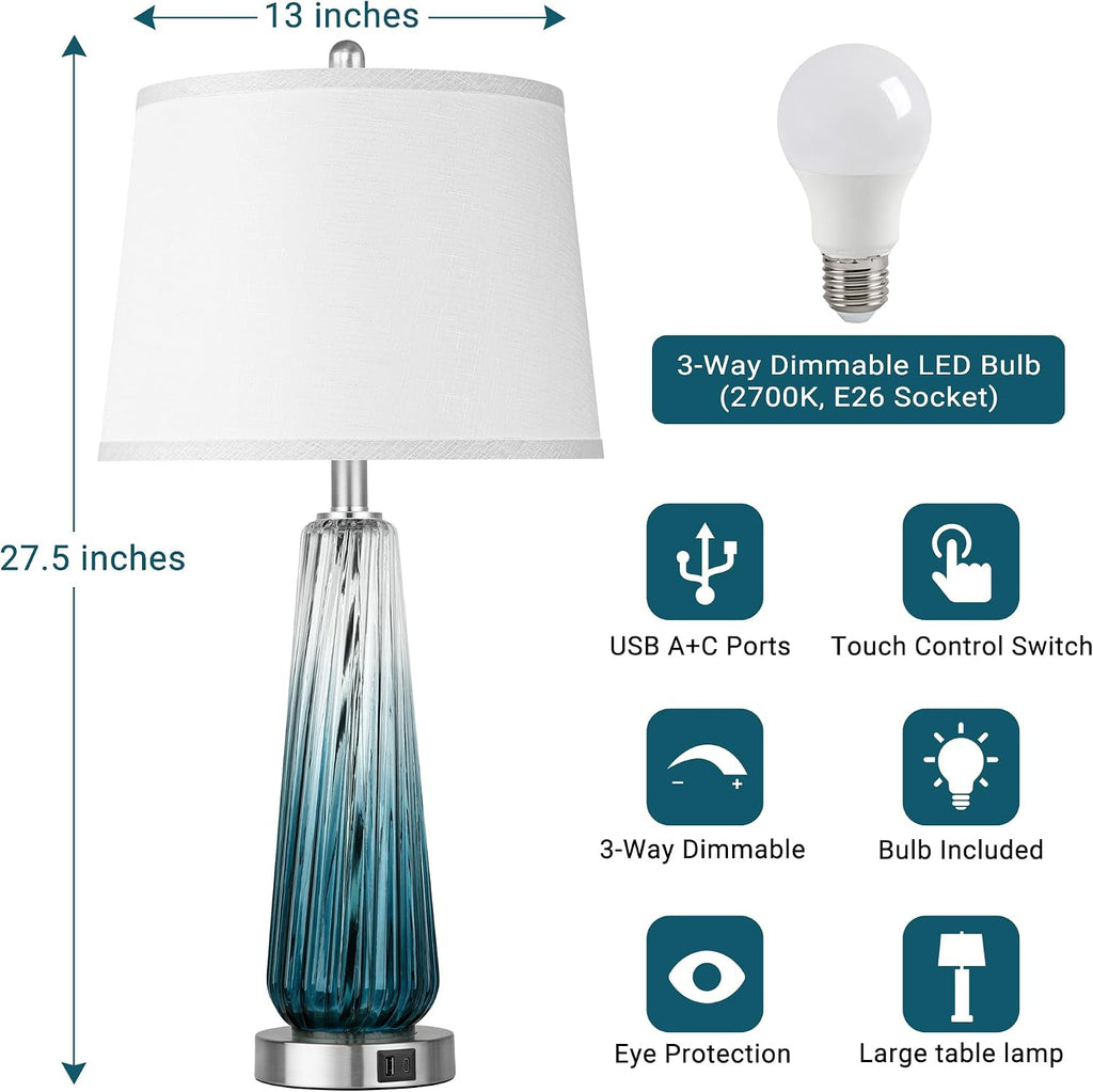 Glass Table Lamps for Living Room, Modern Bedside Lamps with USB A+C Ports, 3-Way Dimmable Touch Control Nightstand Lamp with White Linen…