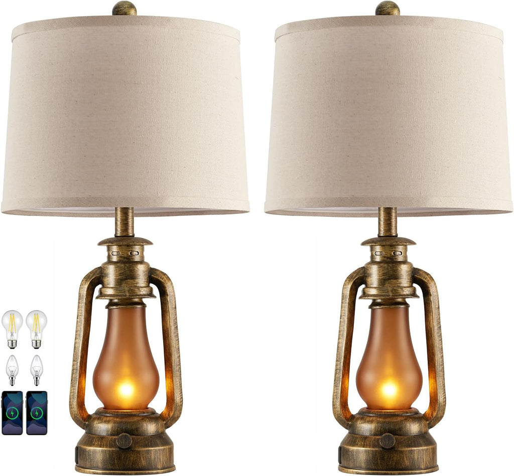 25" Set of 2 Rustic Lantern Table Lamps for Living Room Bedroom, 2 USB Ports Farmhouse Vintage Bedside Desk Lamp Nightlight for Entryway…