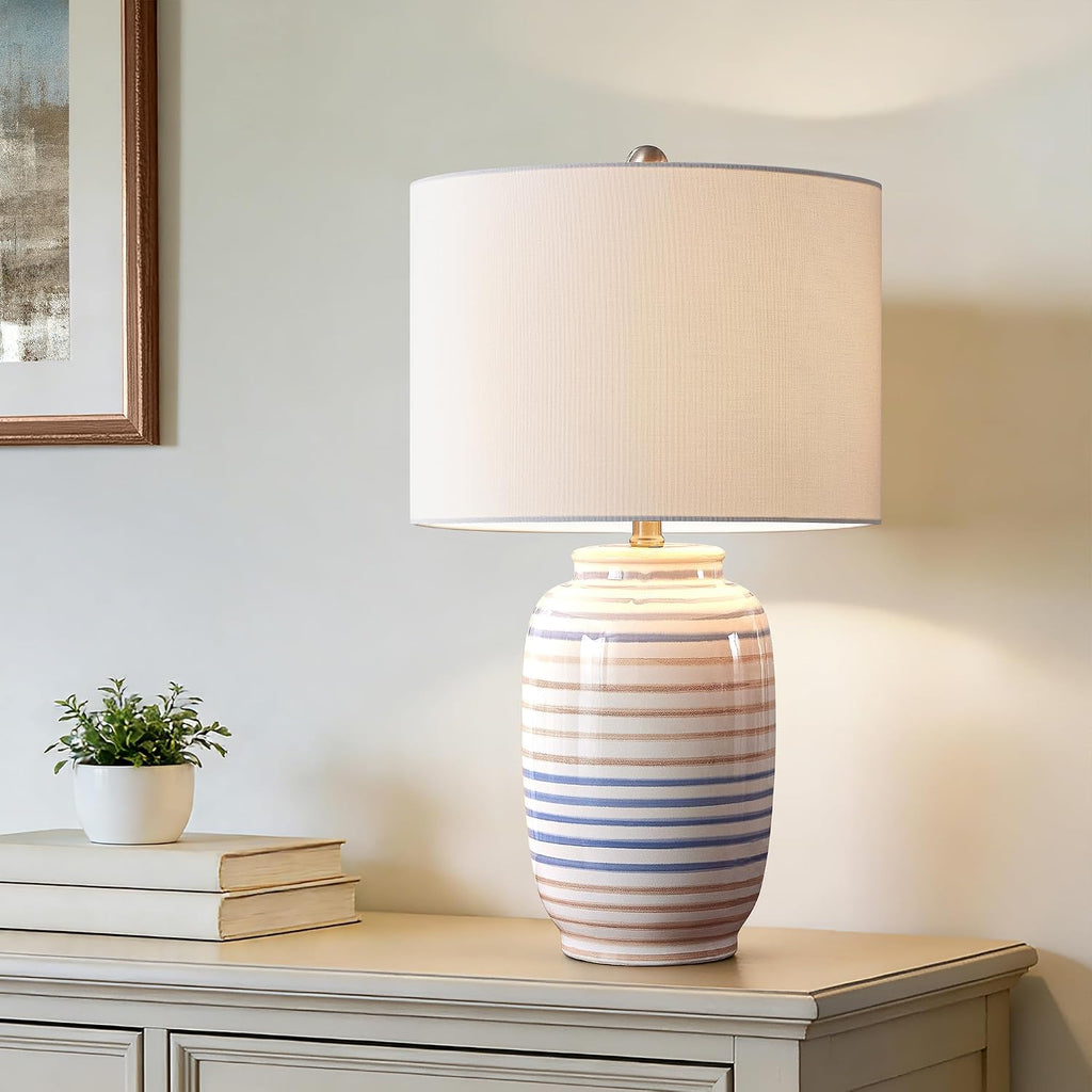Maxax Modern Ceramic Table Lamp for Bedroom, 25" White Bedside Lamp for Living Room, Farmhouse End Table Lamp with White Farice for…