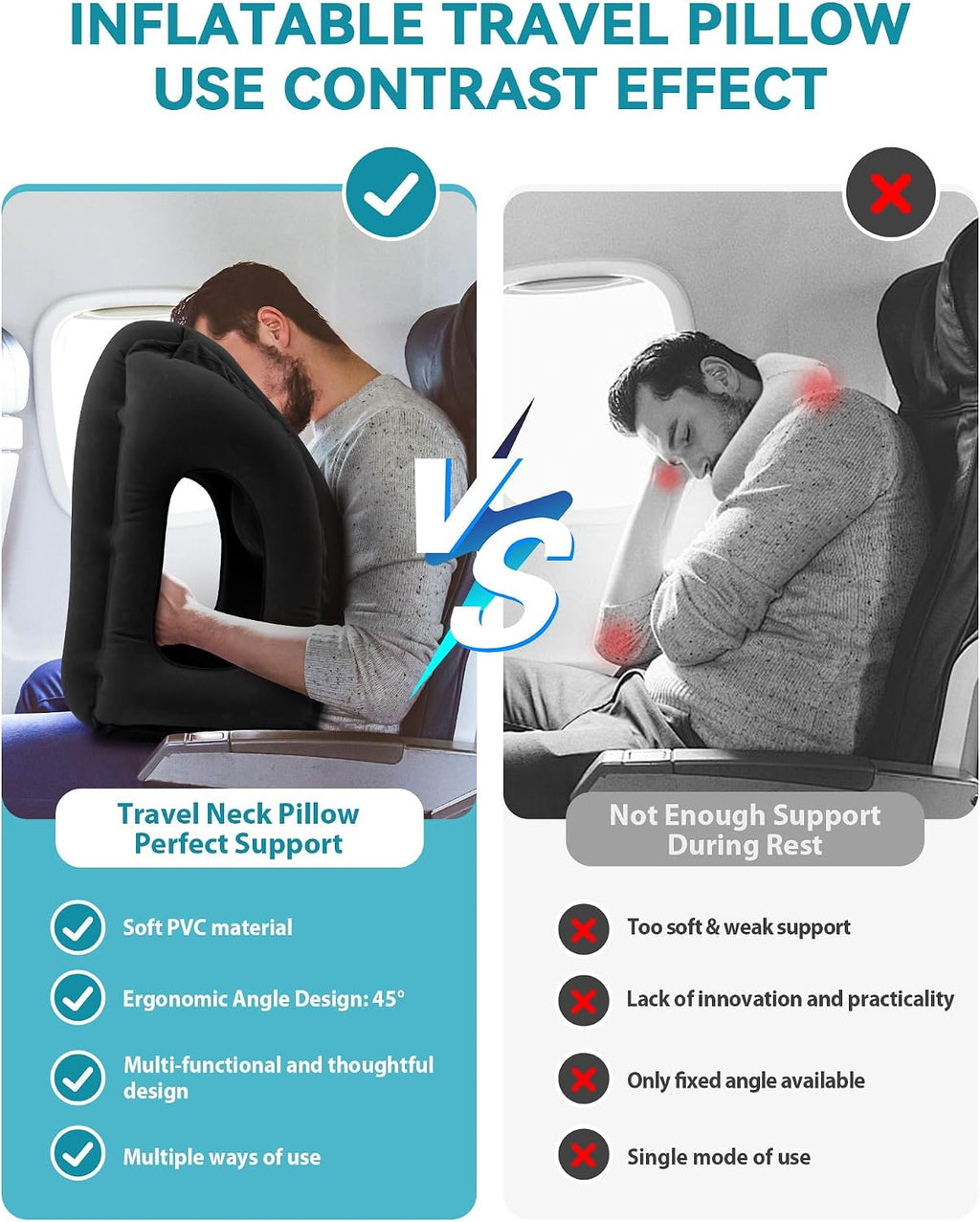 Inflatable Travel Pillow, Airplane Neck Pillow Comfortably Supports Head and Chin for Airplanes, Trains, Cars Office Napping on The Tray…