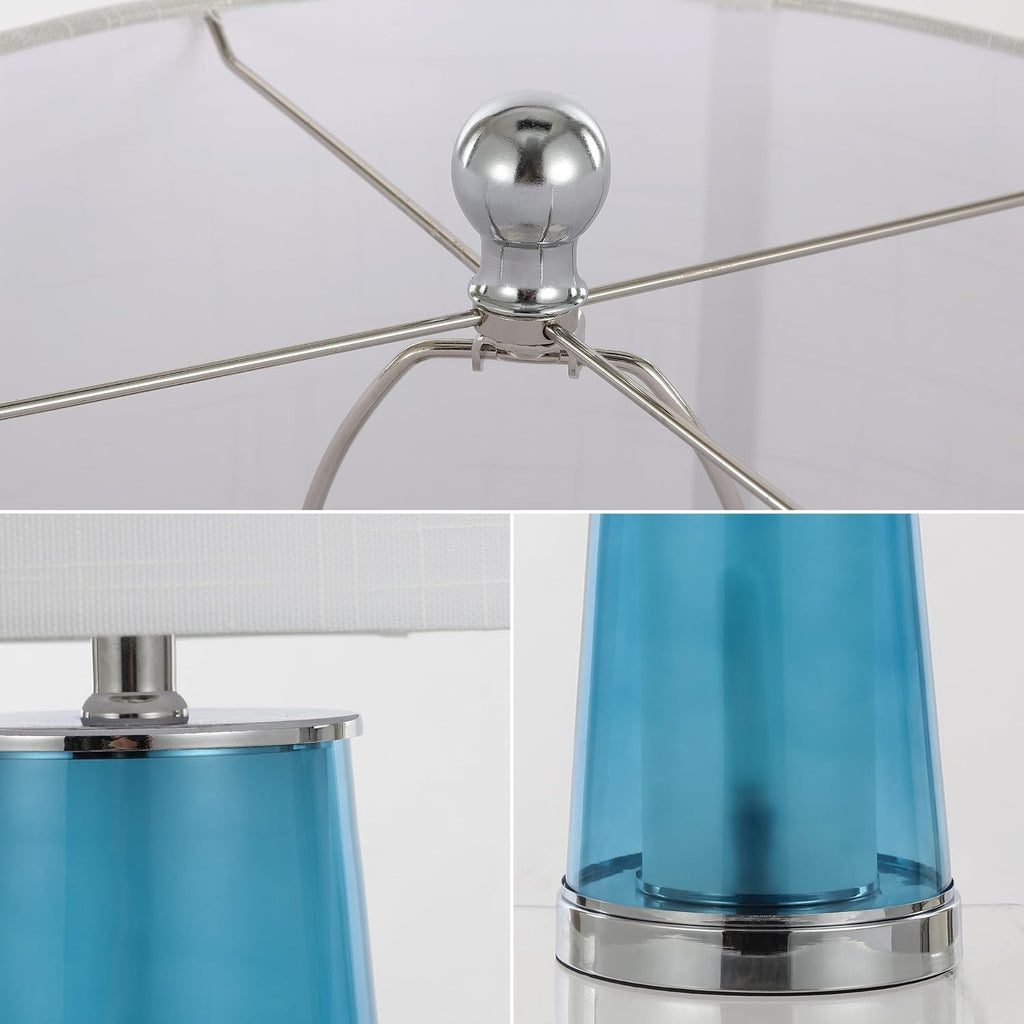 Jonathany JONATHAN Y 26" Chrome/Clear Blue Nightlight Table Lamp Set of 2 for Bedroom, Modern Glass Desk Lamps with White Fabric Shade, Far…