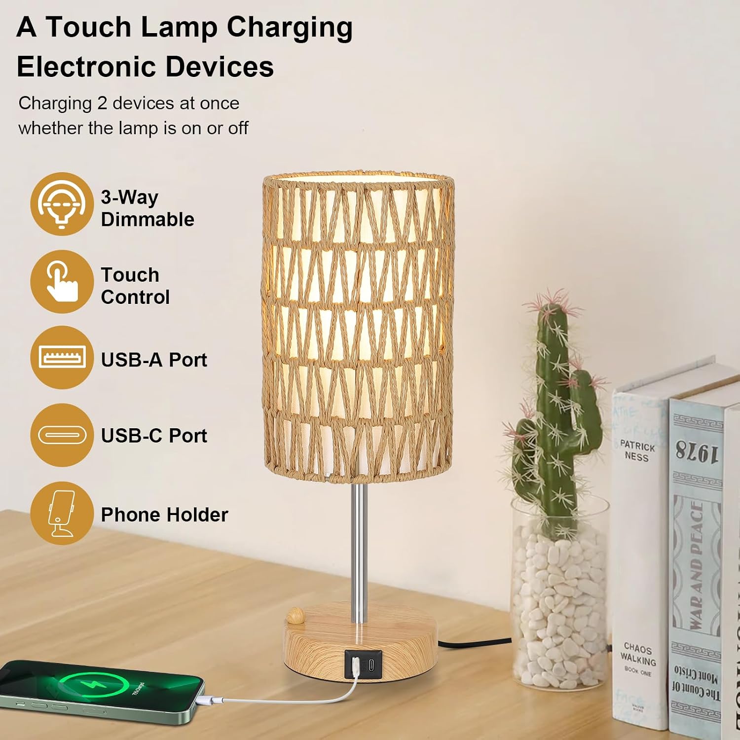 Boho Table Lamp for Bedroom with Bulb, Small Touch Control Table Lamp for Living Room with Rattan & Linen Shade, 3 Way Dimmable Bedside…