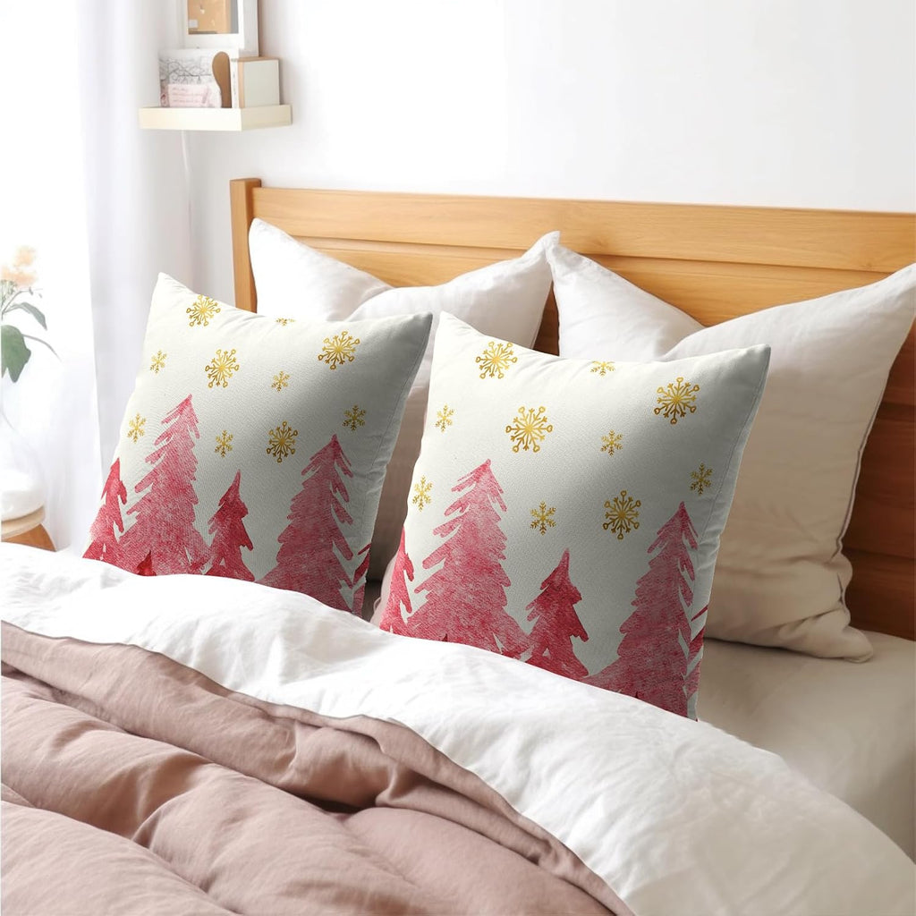 Christmas Tree Throw Pillow 18x18 Inch Set of 2 Cover Winter Christmas Pillowcase Pink Trees Golden Snowflake Decorative Cushion Cover…