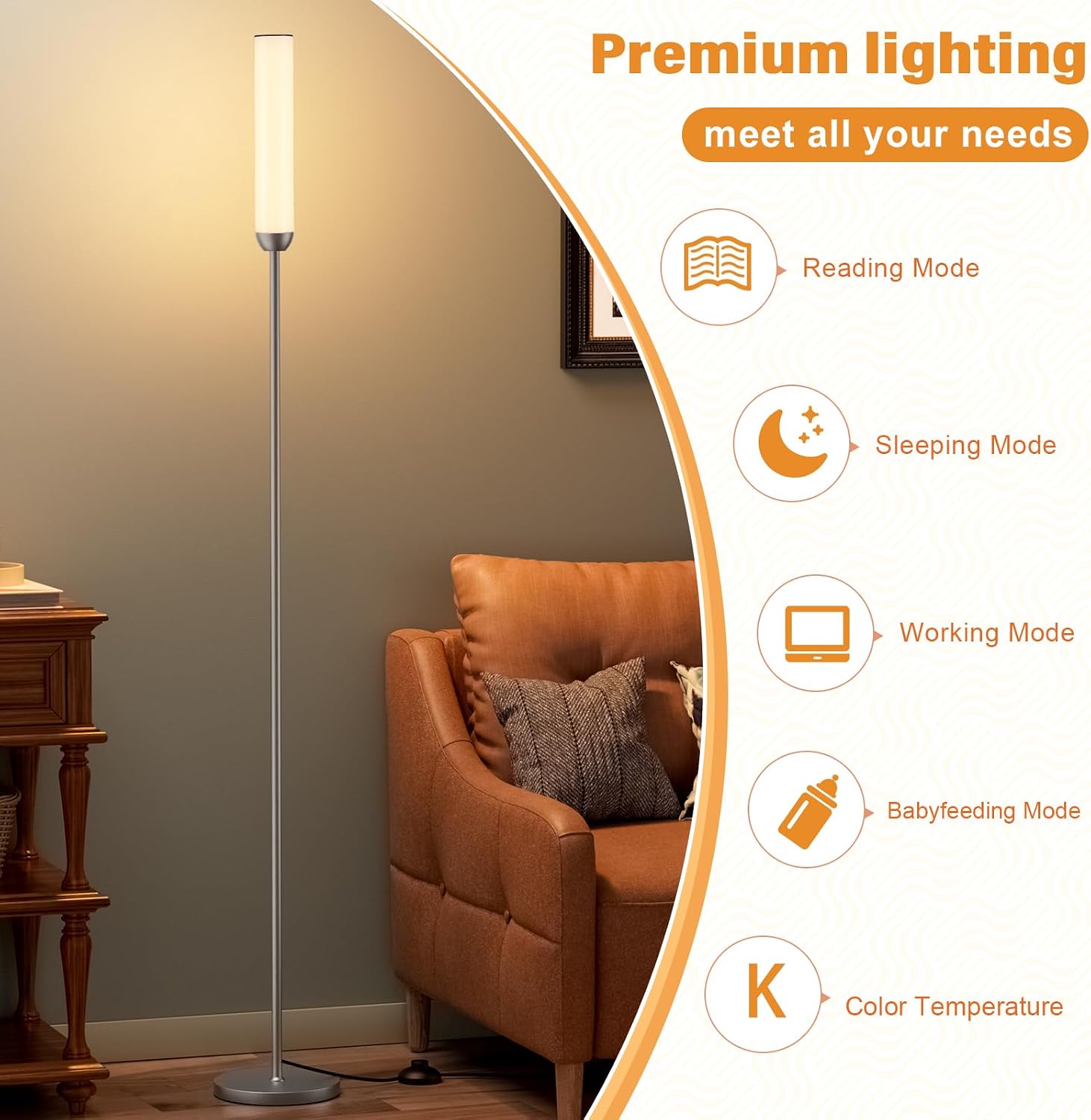 Ambimall LED Floor Lamp with Remote Control, 65" Standing lamp with Stepless Adjustable 3000K-6500K Colors & 30-100% Brightness, Foot…