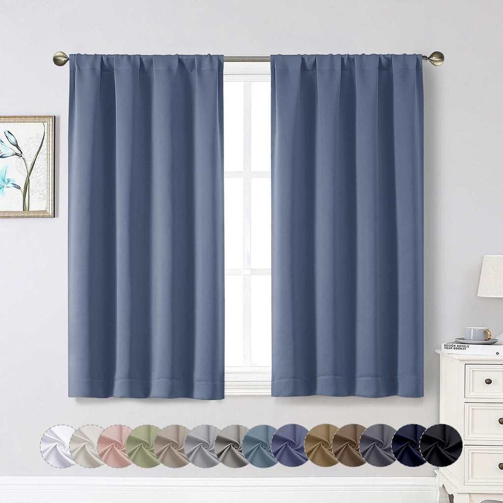 WelvetBLK Denim Room Darkening Curtains for Bedroom Living Room 45 Inch Length 2 Panels Set, Soft Solid Thermal Insulated Rod Pocket Short…
