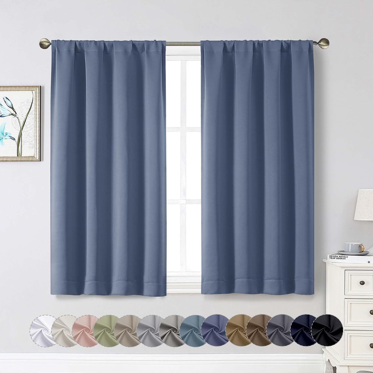 WelvetBLK Denim Room Darkening Curtains for Bedroom Living Room 45 Inch Length 2 Panels Set, Soft Solid Thermal Insulated Rod Pocket Short…