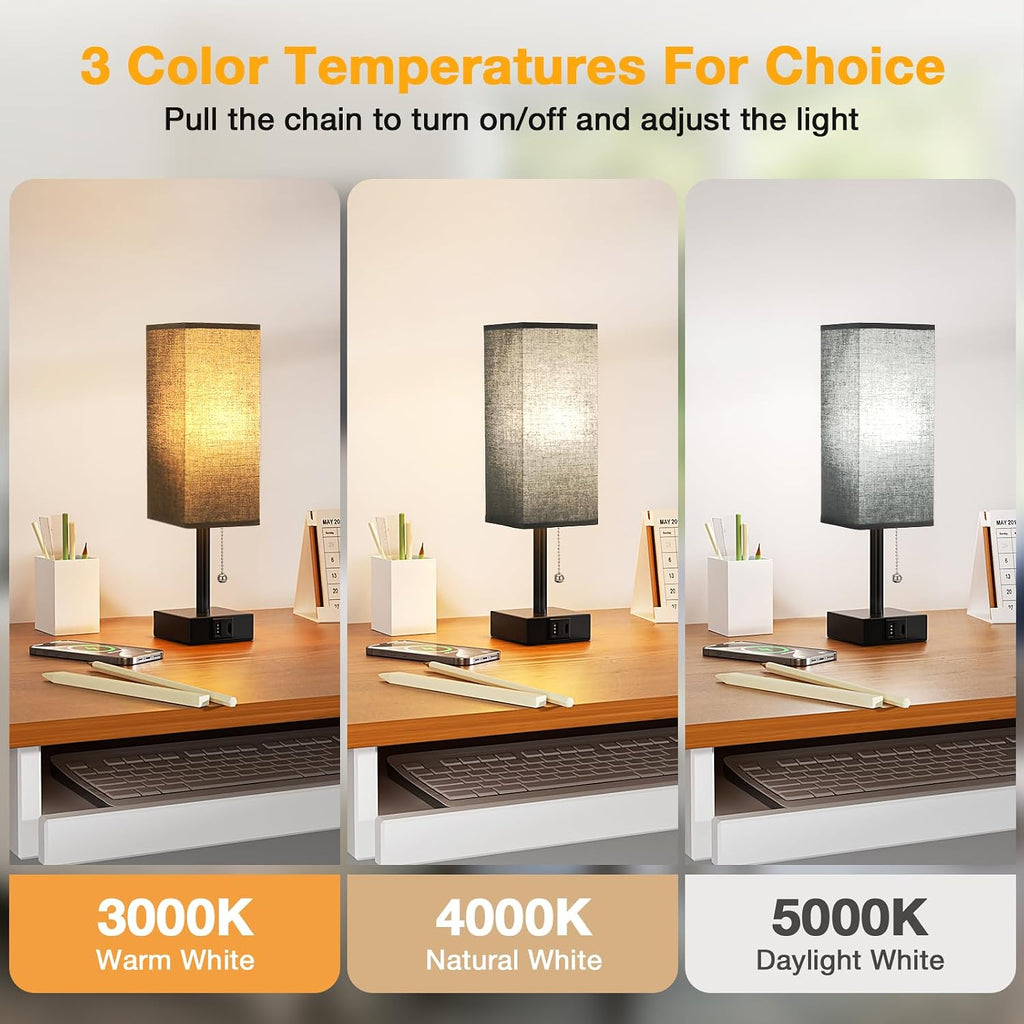 Aooshine Black Small Table Lamp for Bedroom - 3 Color Temperature 3000K 5000K 4000K Bedside Lamp, Pull Chain Control, USB A and C Charging…
