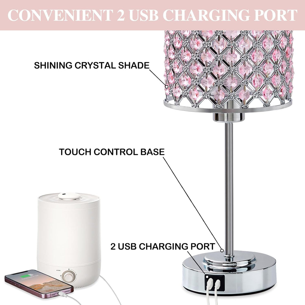 GyroVu Crystal Table Lamp, Bedside Crystal Lamp, Dimmable Touch Nightstand Lamp with USB-C+A Charging Ports Pink Night Lights Decorative…