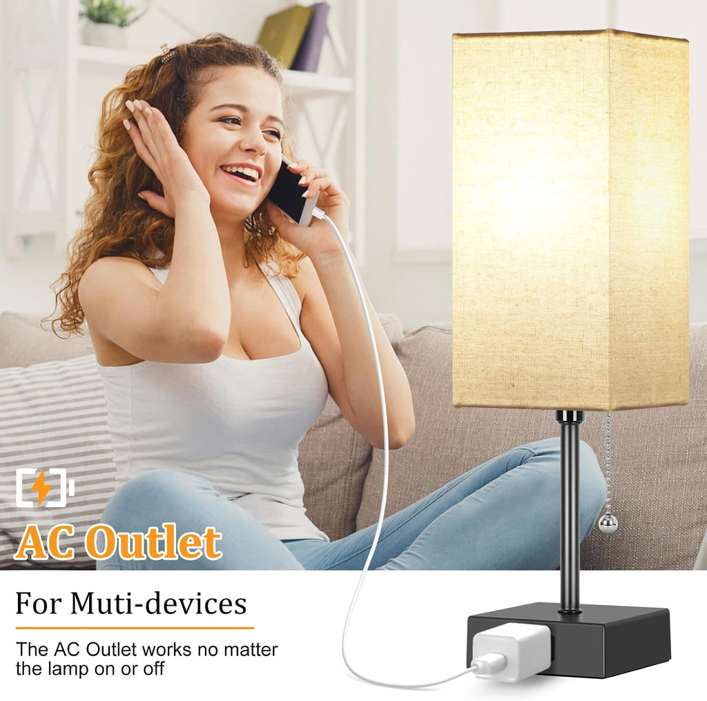 15'' Table Lamp for Bedroom set of 2,3-Color Bedside Lamps with Pull Chain Table Lamps for Night stands with AC Outlet, Small Night Light…