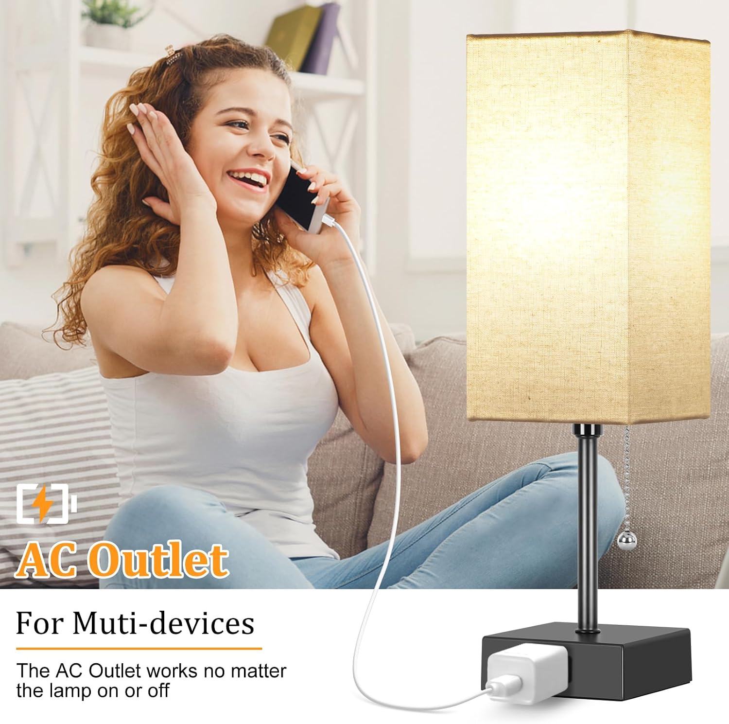 15'' Table Lamp for Bedroom set of 2,3-Color Bedside Lamps with Pull Chain Table Lamps for Night stands with AC Outlet, Small Night Light…