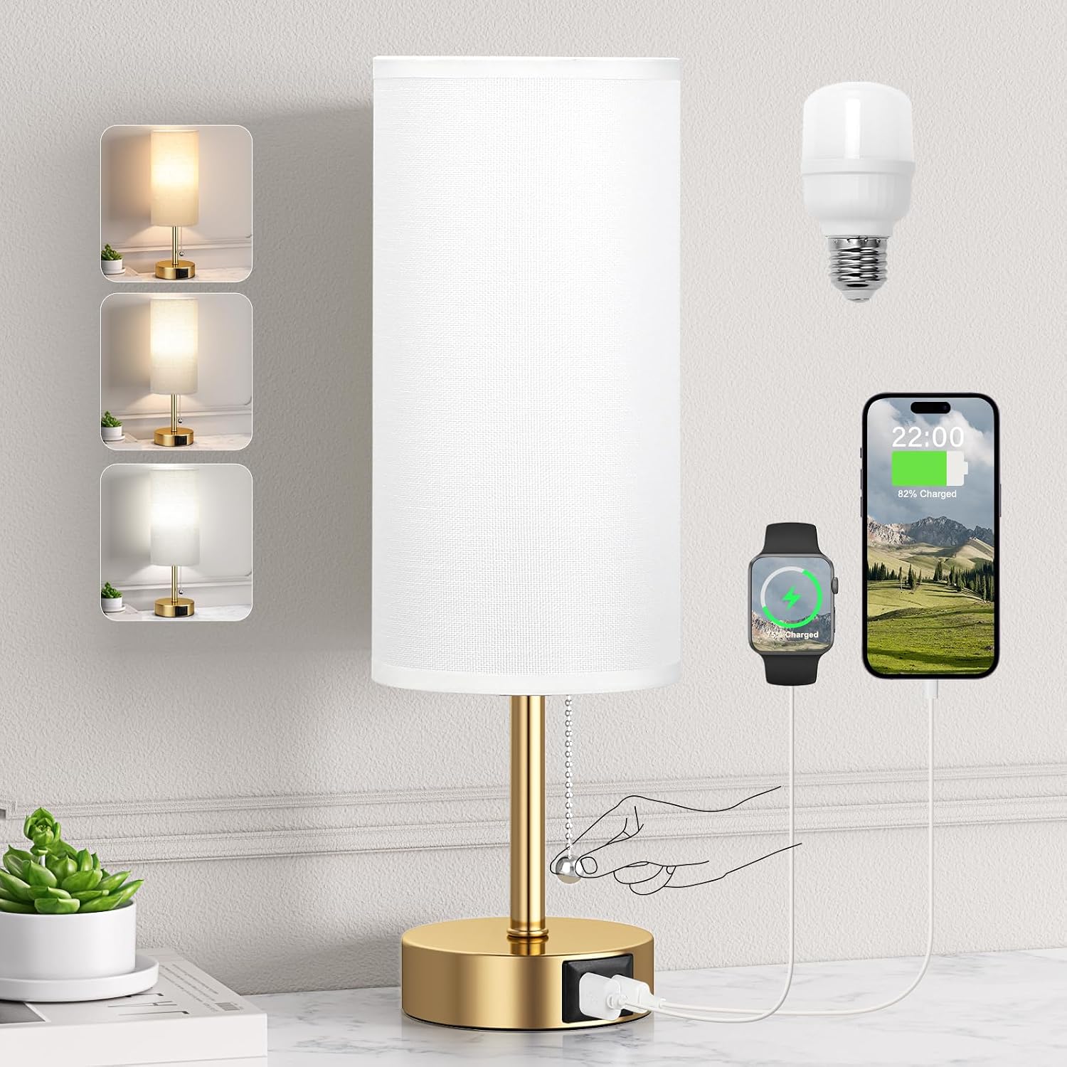 Gold Bedside Lamp for Bedroom Nightstand - Small Table Lamp with USB A + C Charging Port, 3 Color Temperatures Pull Chain Night Stand…