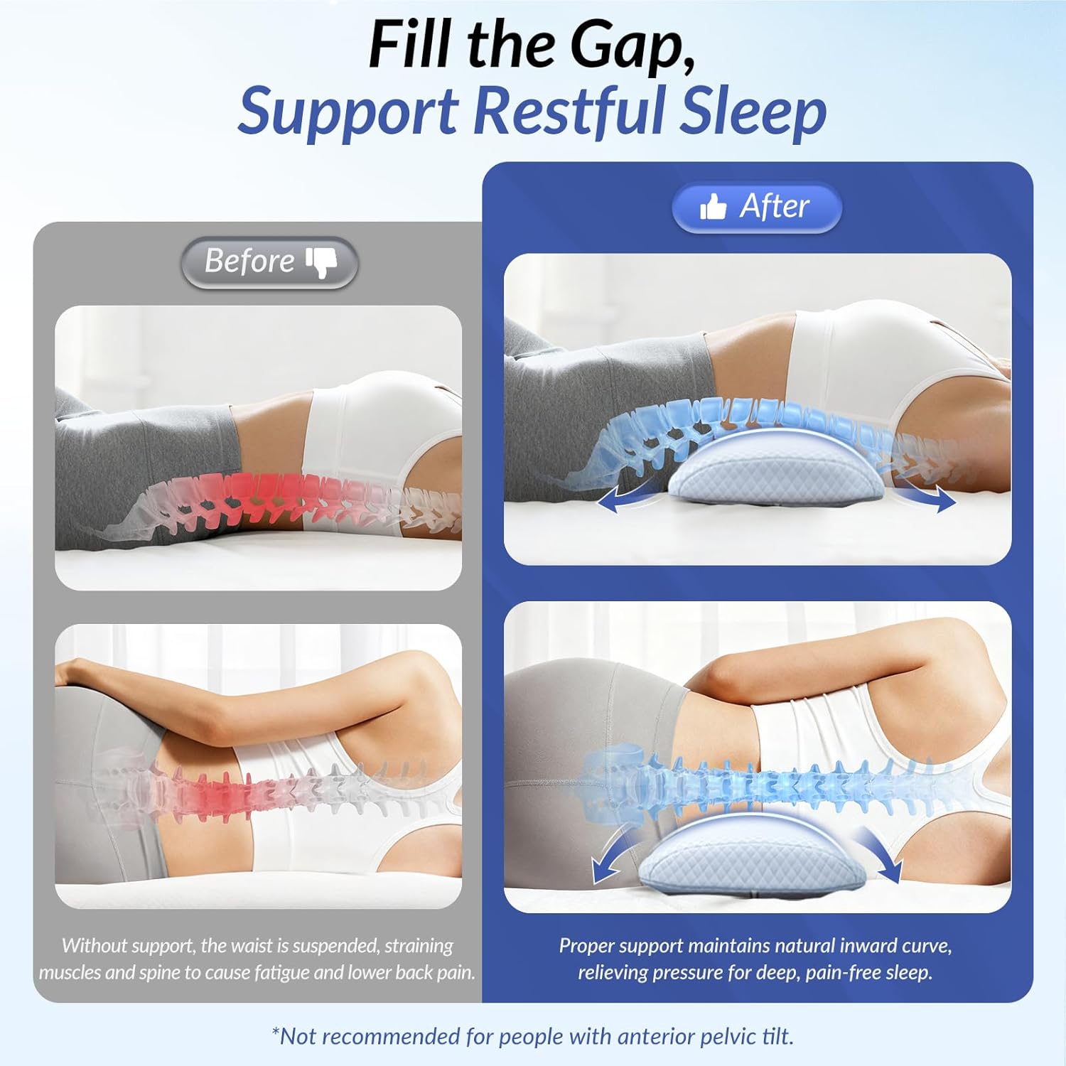 Zikee Inflatable Lumbar Support Pillow for Bed with Customized Lower Back & Support, Memory Foam Back Support for Side & Back Sleeping, Bed…