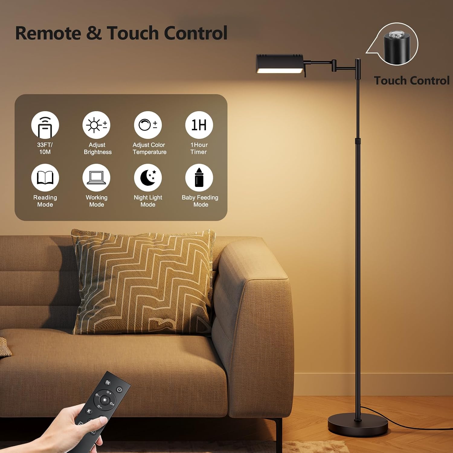 SUNMORY Dimmable LED Pharmacy Floor Lamp, 16W/1500LM Bright Reading Floor Lamp with Remote & Touch Control, 350°Swing Arm, Adjustable…