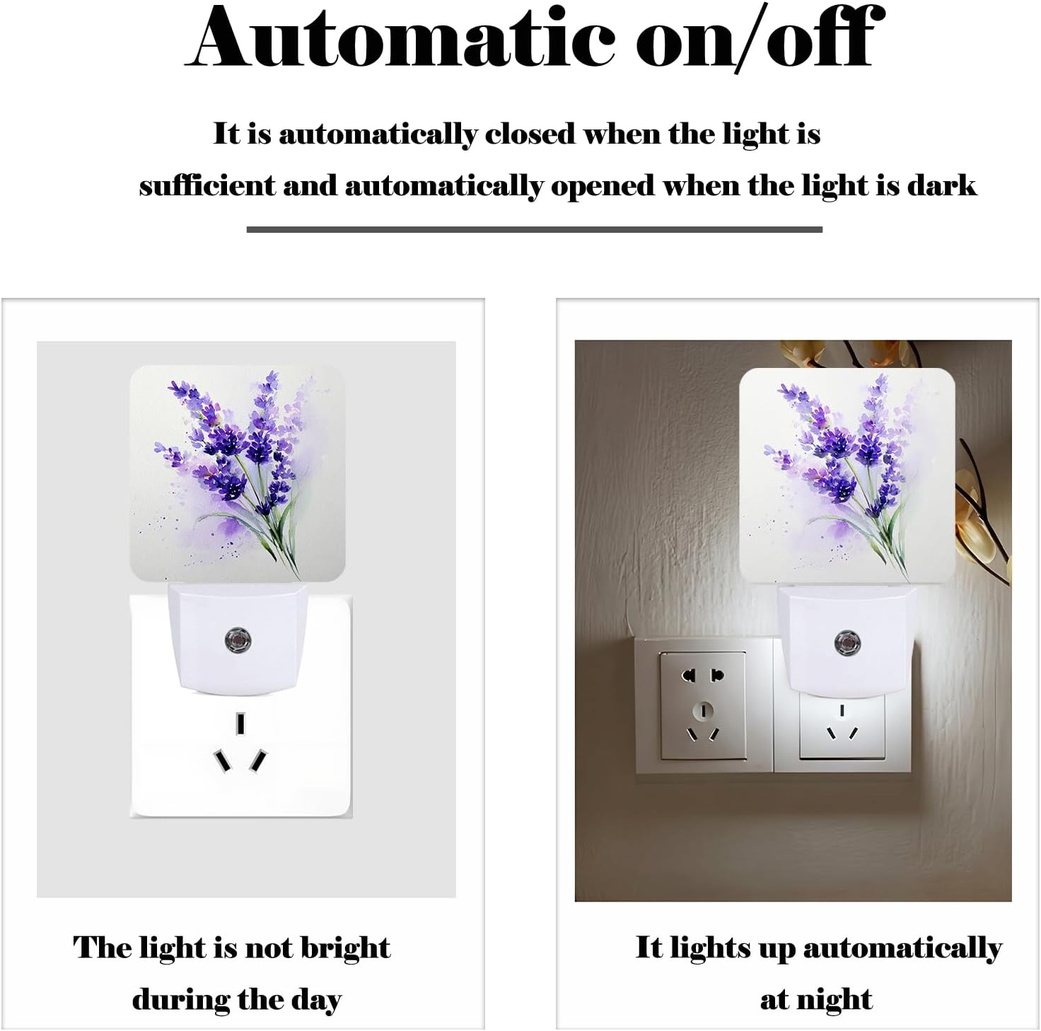 Purple Lavender Flowers Night Light, Wild PlantsPlug Into Wall for Boys Girls Bedroom Decorative Square Night Light Lamp 0.5w Sleep Friendly
