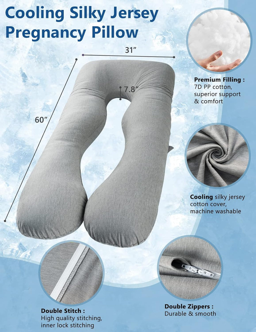 Meiz Pregnancy Pillows, Cooling Silky Pregnancy Pillows for Sleeping, 60" Full Body Maternity Pillow for Tall Pregnant Woman with Cooling S…