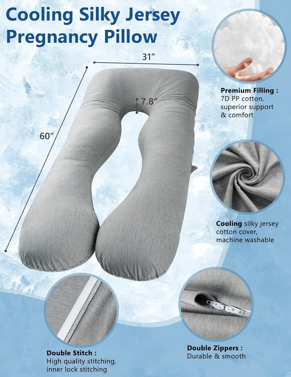Meiz Pregnancy Pillows, Cooling Silky Pregnancy Pillows for Sleeping, 60" Full Body Maternity Pillow for Tall Pregnant Woman with Cooling S…