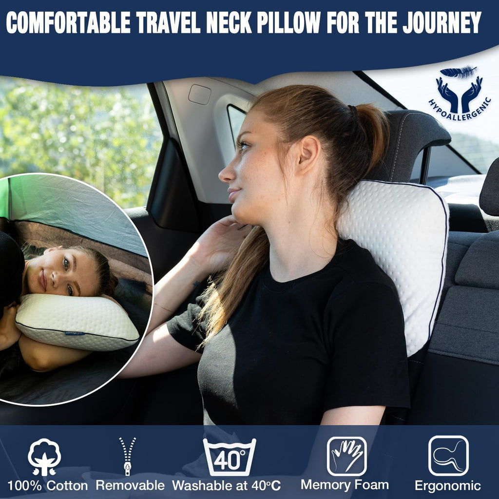 alkamto Travel & Camping Comfortable Memory Foam Pillow – Easy to Carry Portable Bag – Temperature Regulating Pillow Case (White)