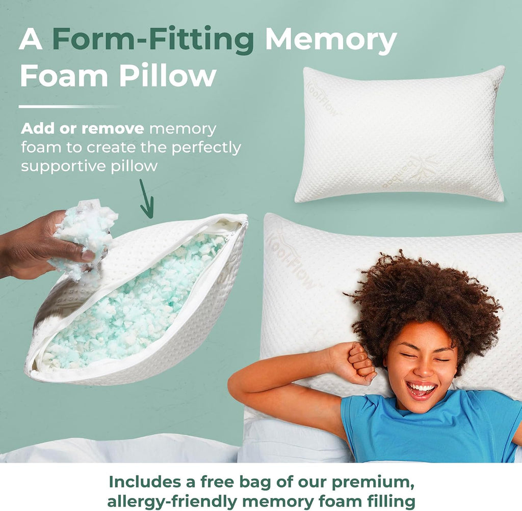 Snuggle-Pedic Adjustable Memory Foam Pillows - GreenGold Certified Pillow w/ Viscose of Bamboo Cover for Side, Stomach & Back Sleepers…